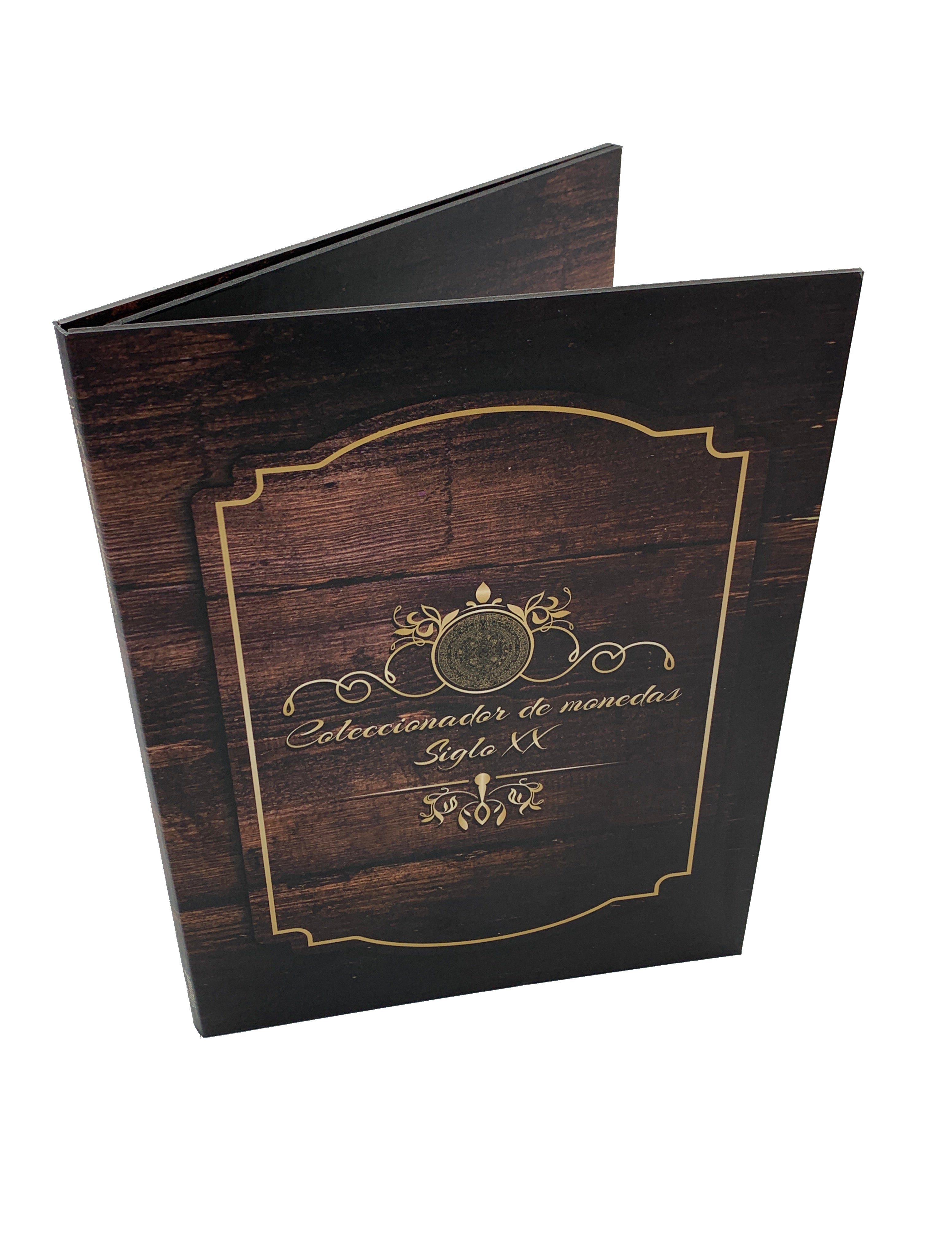 Álbum coleccionador de monedas mexicanas del siglo XX, edición tríptico, pasta dura con impresión tipo madera, capacidad para 51 monedas de diversas denominaciones desde 1905 hasta 1992.