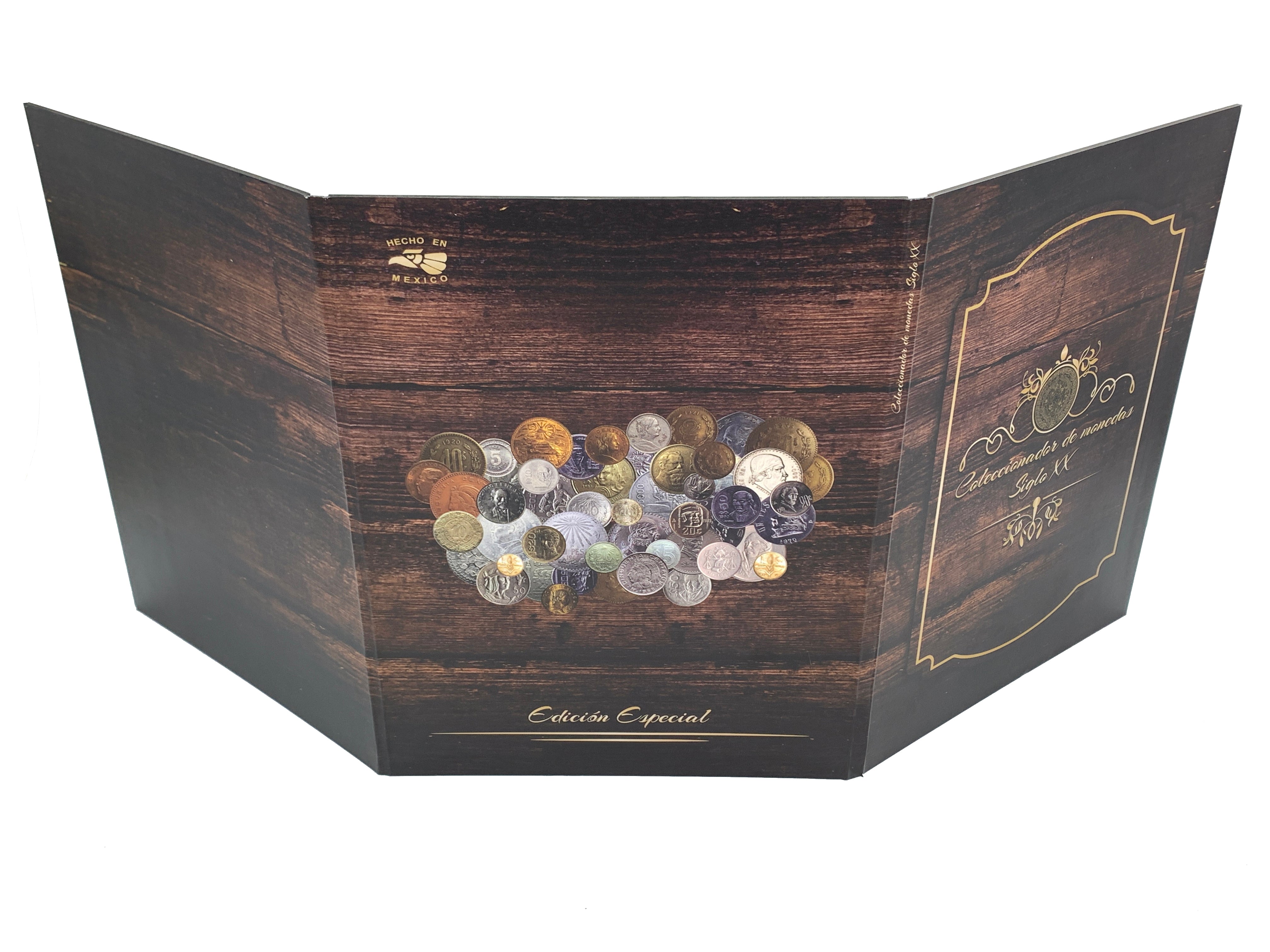 Álbum coleccionador de monedas mexicanas del siglo XX, edición tríptico, pasta dura con impresión tipo madera, capacidad para 51 monedas de diversas denominaciones desde 1905 hasta 1992.