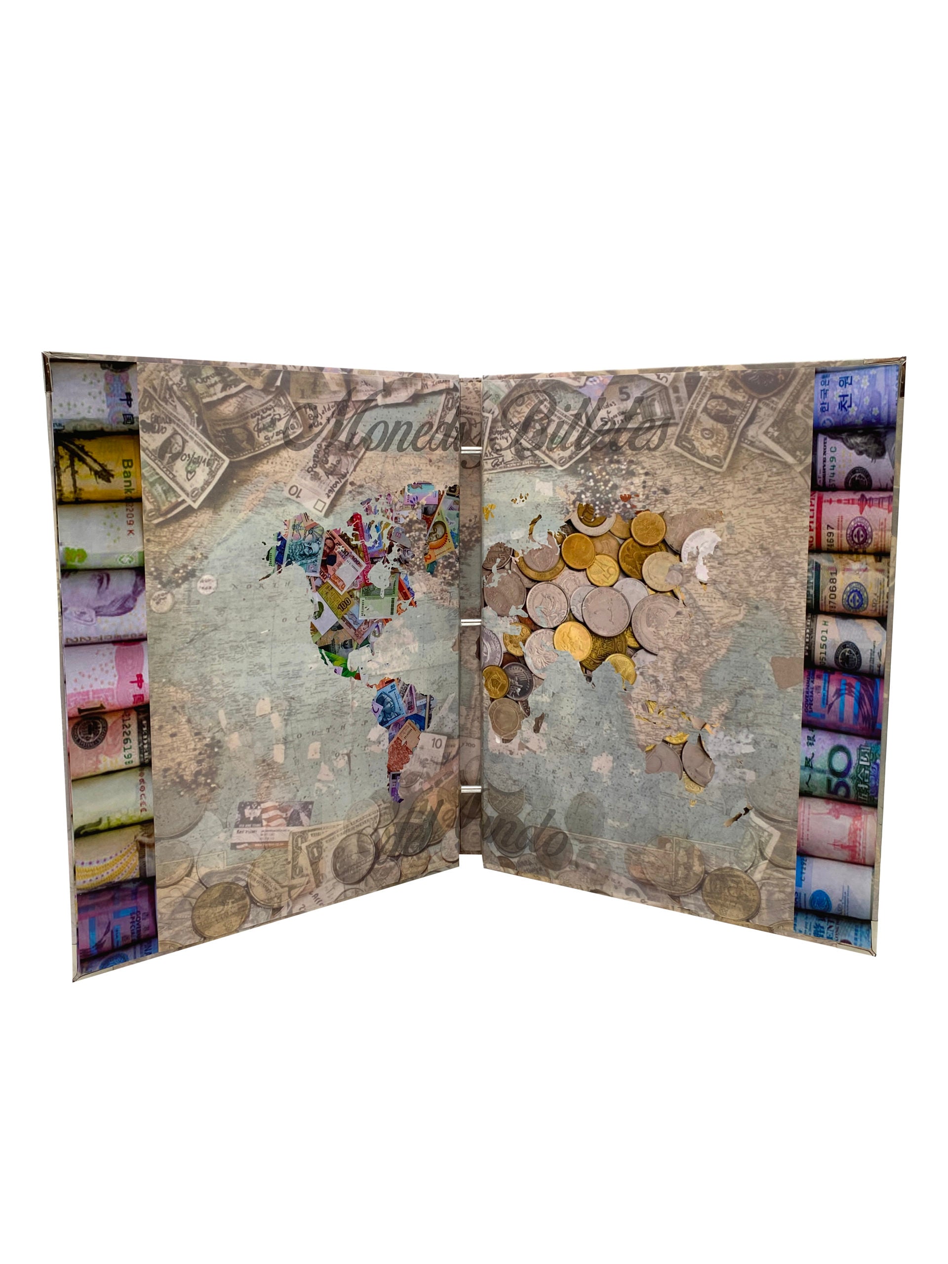Álbum tipo carpeta para insertar micas de billetes y monedas, con postes de aluminio para agregar hojas. Medidas cerradas de 25x30.5 cm, fabricado en cartón rígido con impresión offset. Este producto no incluye micas ni billetes