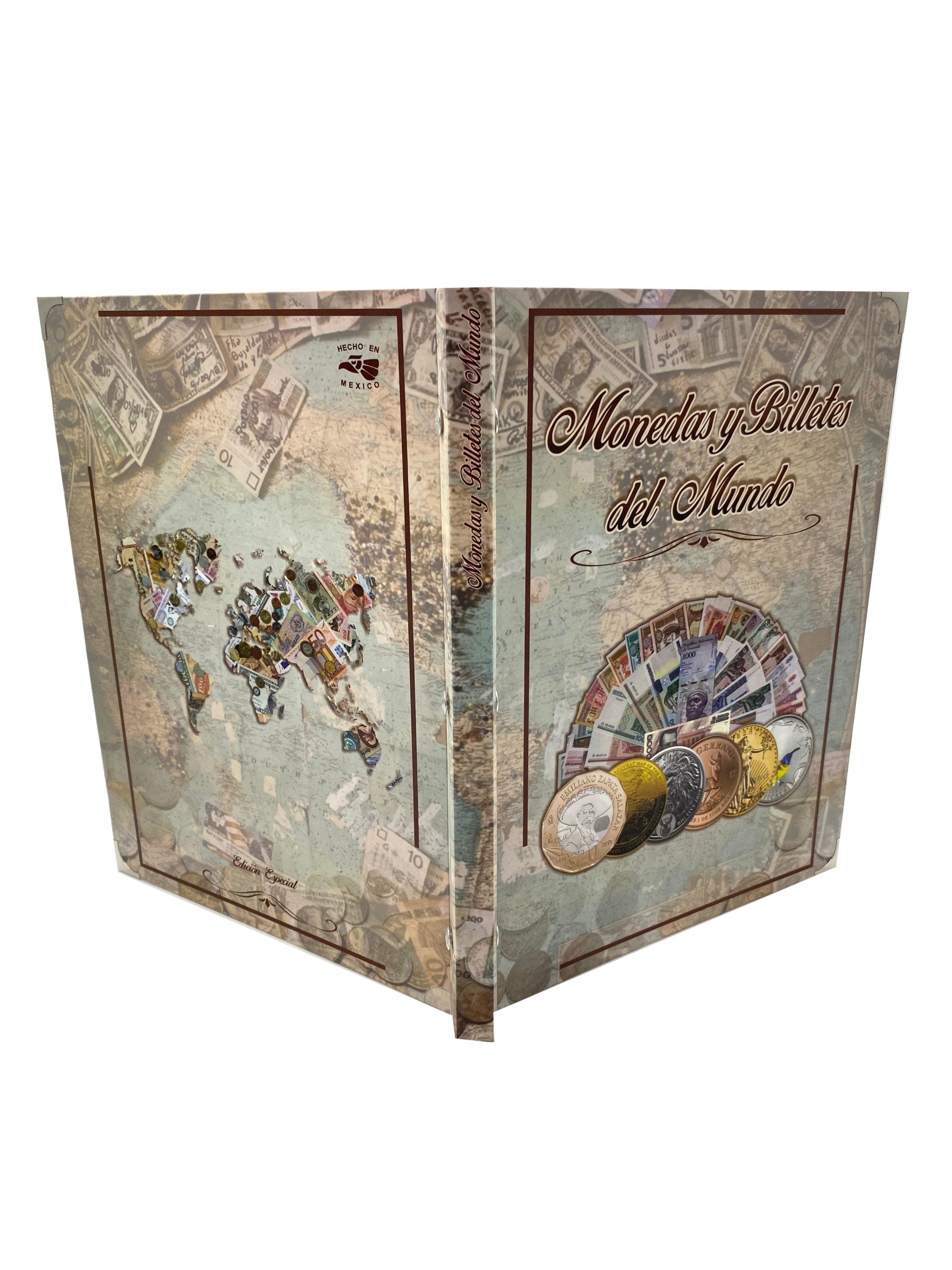 Álbum tipo carpeta para insertar micas de billetes y monedas, con postes de aluminio para agregar hojas. Medidas cerradas de 25x30.5 cm, fabricado en cartón rígido con impresión offset. Este producto no incluye micas ni billetes