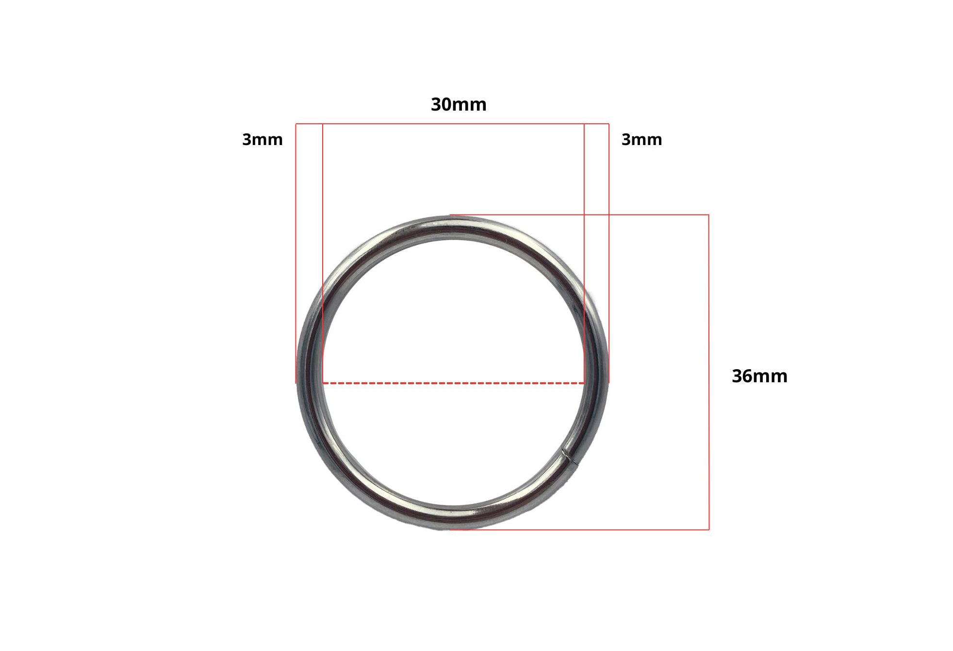 Argolla redonda metálica fija plateada de 30 mm y calibre 2.5 mm para marroquinería, bolsas, portafolios y talabartería. Empaque de 4000 piezas con compra mínima de 500 piezas por modelo.