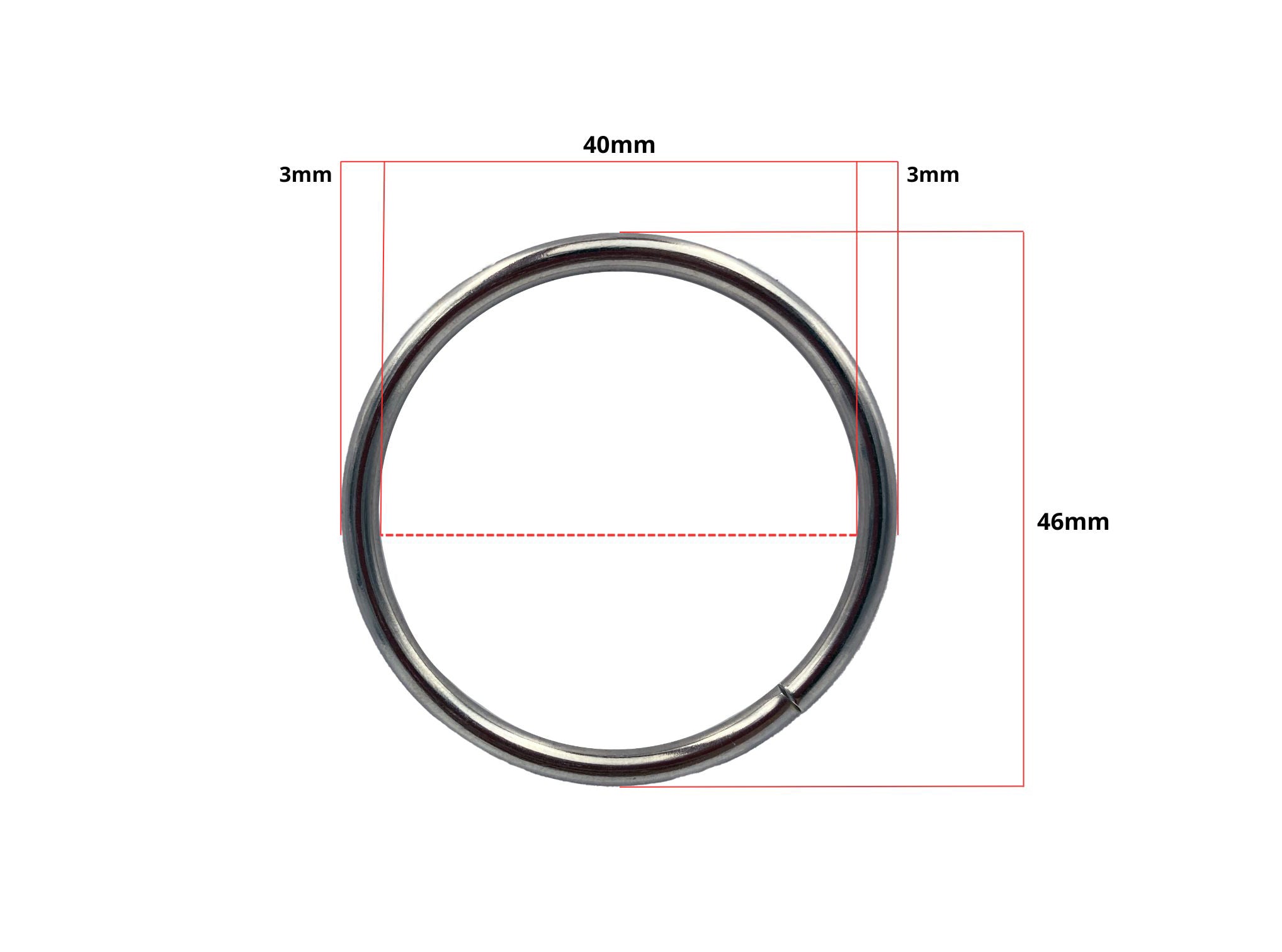 Paquete de Argolla redonda metálica fija plateada de 40 mm y calibre 3 mm para marroquinería, bolsas, portafolios y talabartería. Empaque de 100 piezas.