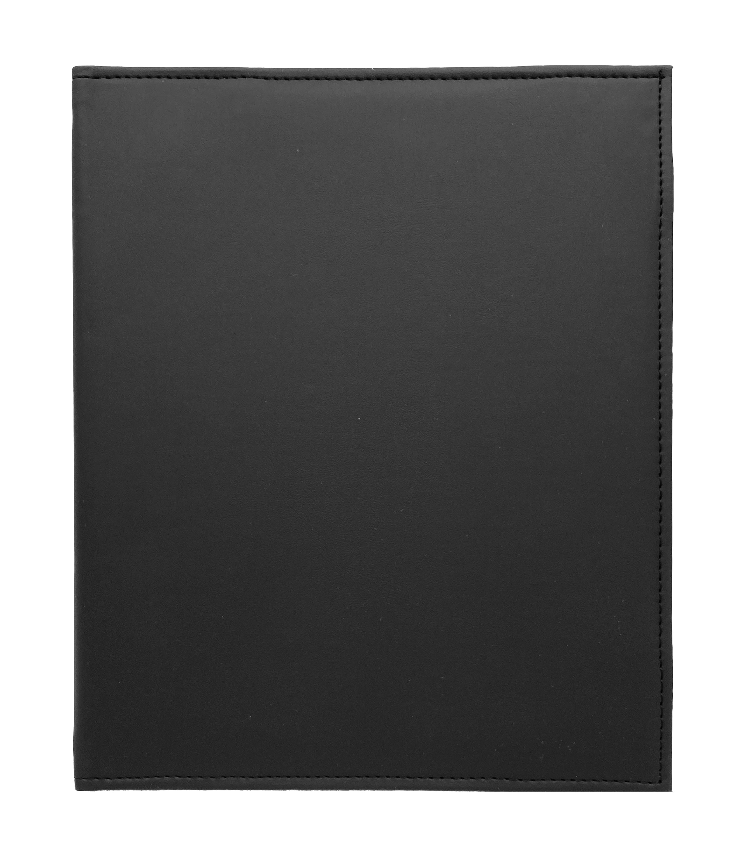 Porta Menú Carta en curpiel con interior de tela poliéster, ideal para restaurantes, cafeterías, hoteles y bares. Tamaño adecuado para hojas carta, con diseño acolchonado y resorte central. color negro. Personalización posible con grabado en seco, hot stamping, grabado láser y serigrafía.