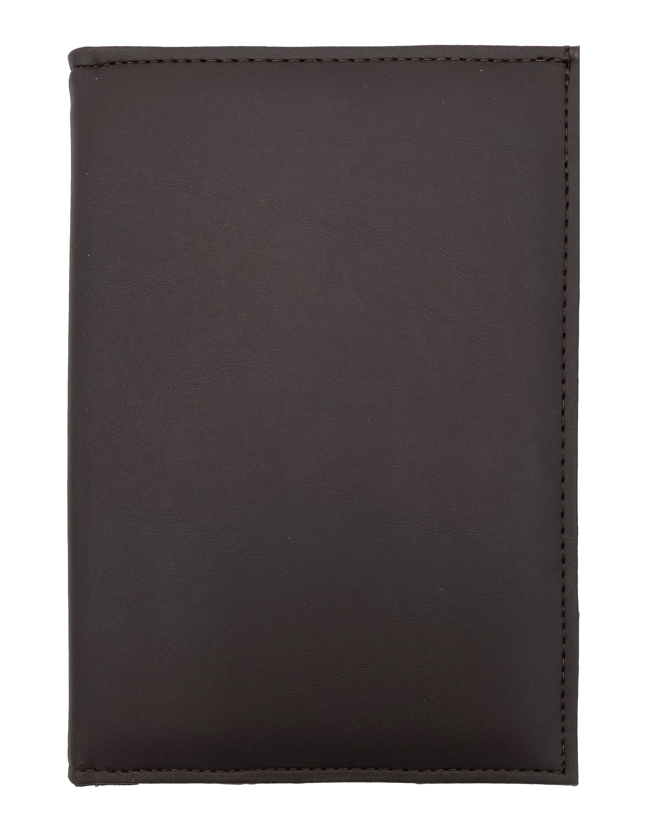 Porta Menú esquela en curpiel con interior de tela poliéster, ideal para restaurantes, cafeterías, hoteles y bares. Tamaño adecuado para hojas esquela, con diseño acolchonado y resorte central. color café. Personalización posible con grabado en seco, hot stamping, grabado láser y serigrafía.