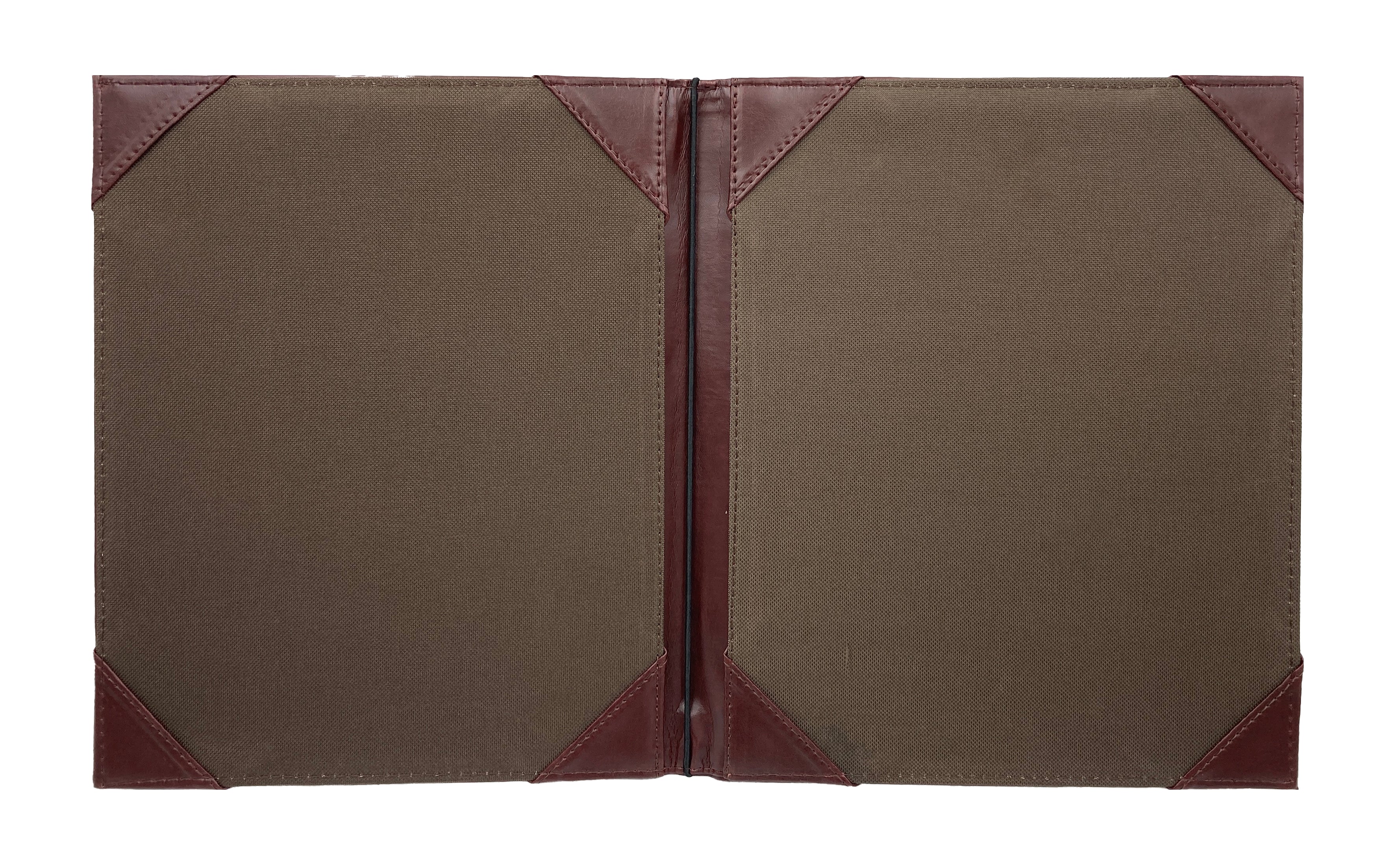 Porta Menú Carta en curpiel con interior de tela poliéster, ideal para restaurantes, cafeterías, hoteles y bares. Tamaño adecuado para hojas carta, con diseño acolchonado y resorte central. color miel. Personalización posible con grabado en seco, hot stamping, grabado láser y serigrafía.