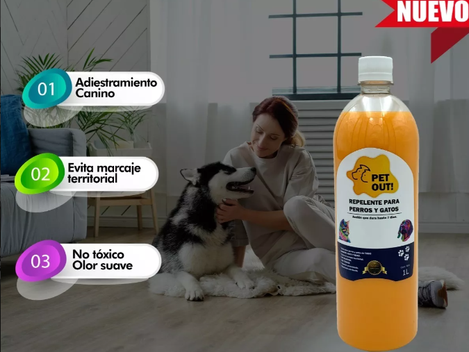 Repelente natural para evitar marcaje de perros y gatos, sin atomizador, envase de plástico PET de 1 litro, color naranja cristalino, efectivo en 9 de cada 10 veces, ideal para entrenamiento de mascotas.