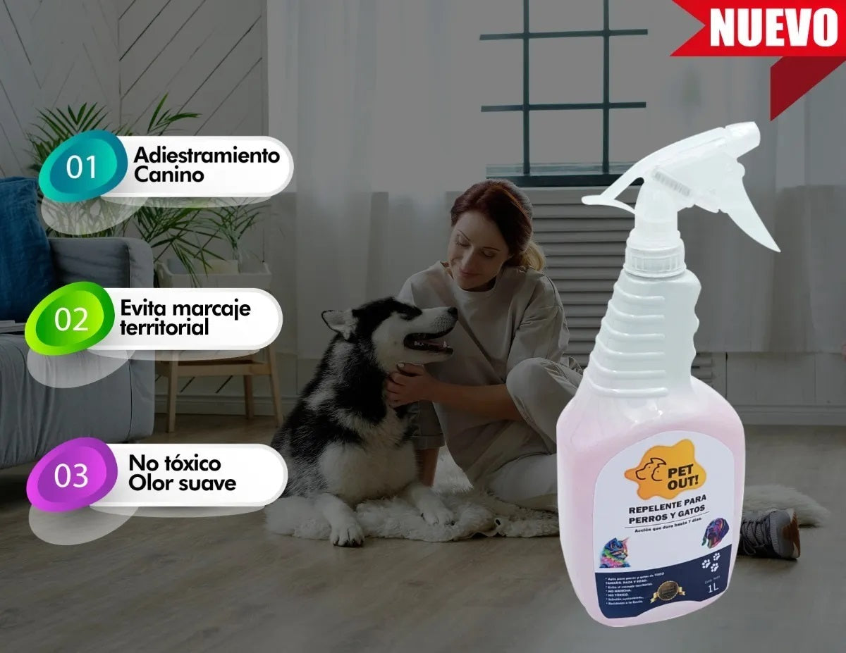 Repelente natural para evitar marcaje de perros y gatos, con atomizador ajustable y envase de 1 litro, ideal para entrenamiento y protección de áreas interiores y exteriores.