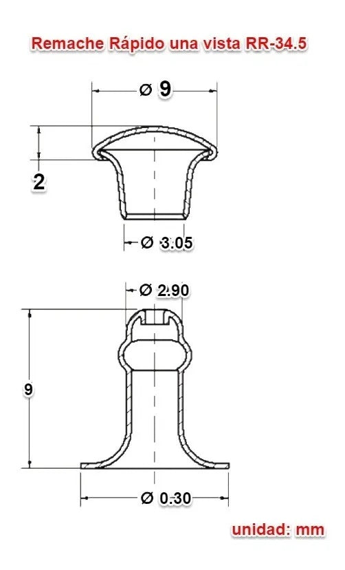 Remache rápido No. 34.5 acabado níquel con cabeza y espiga de 9 mm, diseñado para unir materiales ideal para marroquinería, talabartería y papeleria en carpetas y tablas.