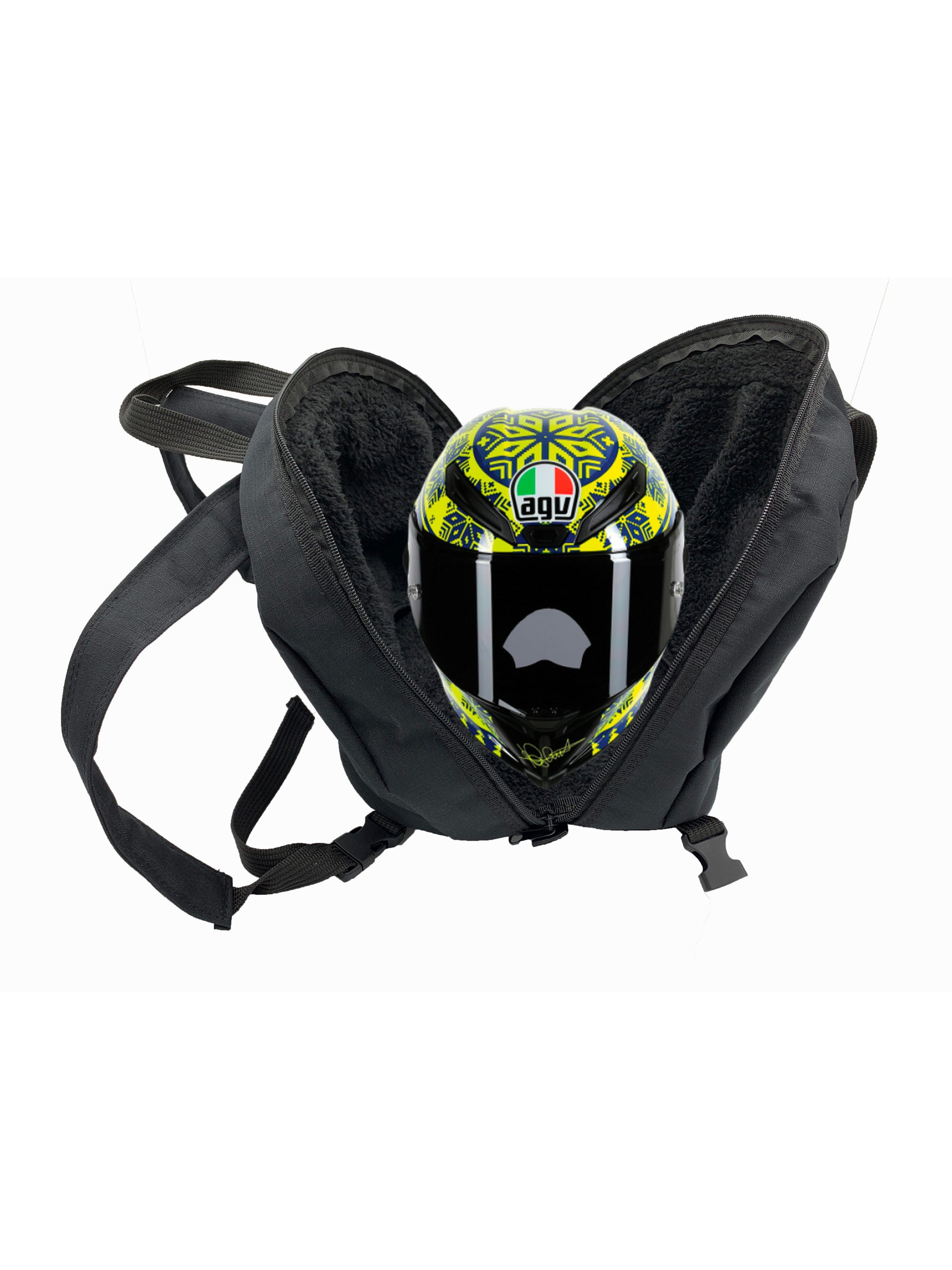 Funda para casco de motocicleta impermeable a salpicaduras, acolchonada y con forro suave para evitar rayones. Compatible con todos los tamaños y modelos de casco (S a XXXL, jet, completo, enduro). Incluye asas superiores, correa tipo mochila y bolsillo exterior con cinta reflejante. Disponible en negro, azul, gris y rojo. Hecho en México con materiales de alta calidad.