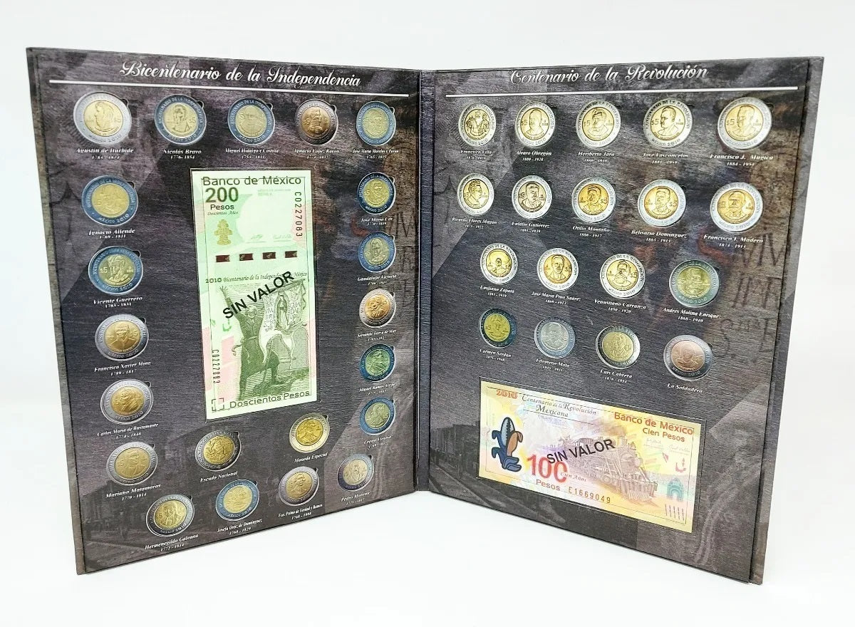 Álbum coleccionador para monedas conmemorativas mexicanas de $5 pesos, con espacios para 20 monedas Bicentenario, 18 monedas Revolución, y dos billetes, diseño rígido con funda.