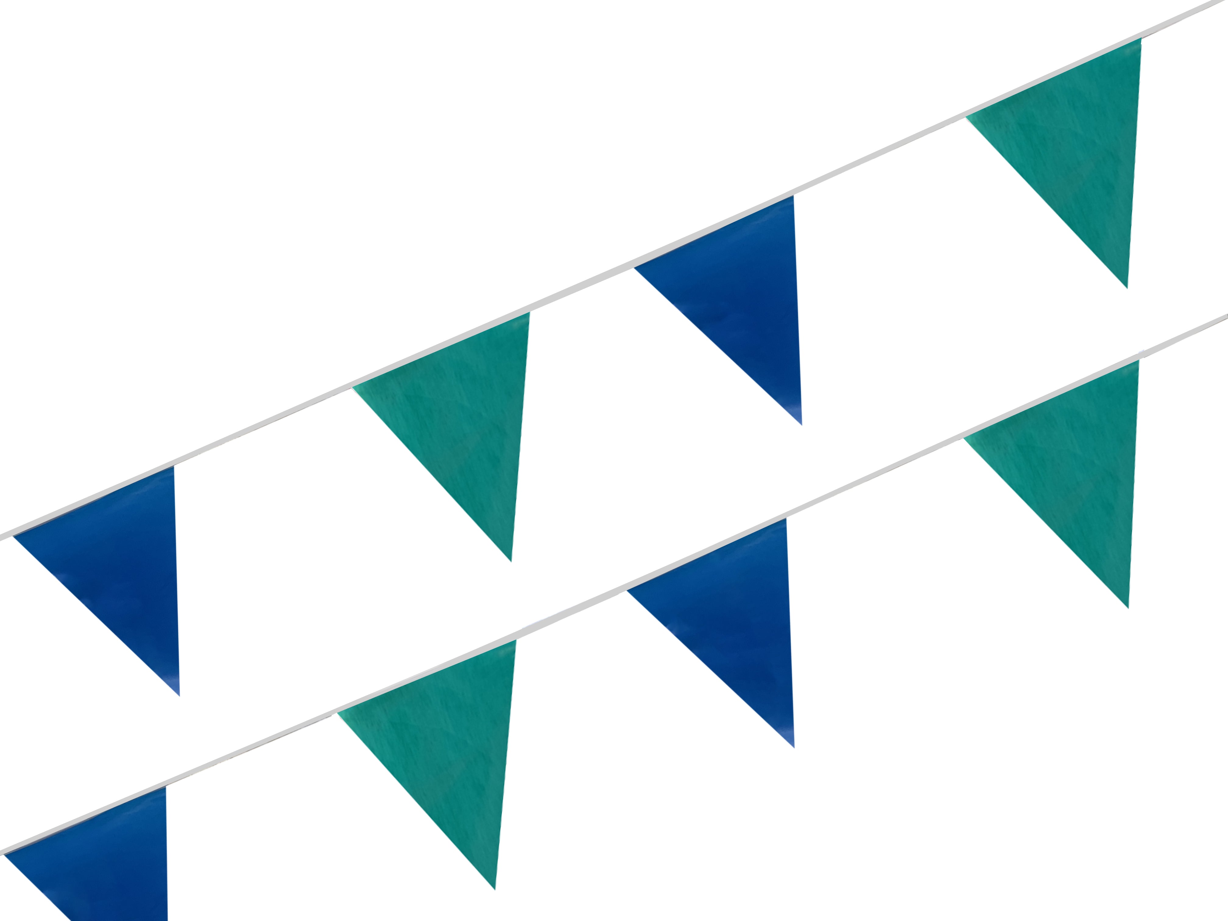 Tira de banderines triangulares intercalados en colores azul rey y verde bandera (guacamaya) con guía de rafia forrada en blanco, ideal para eventos, exposiciones y decoración de fiestas.