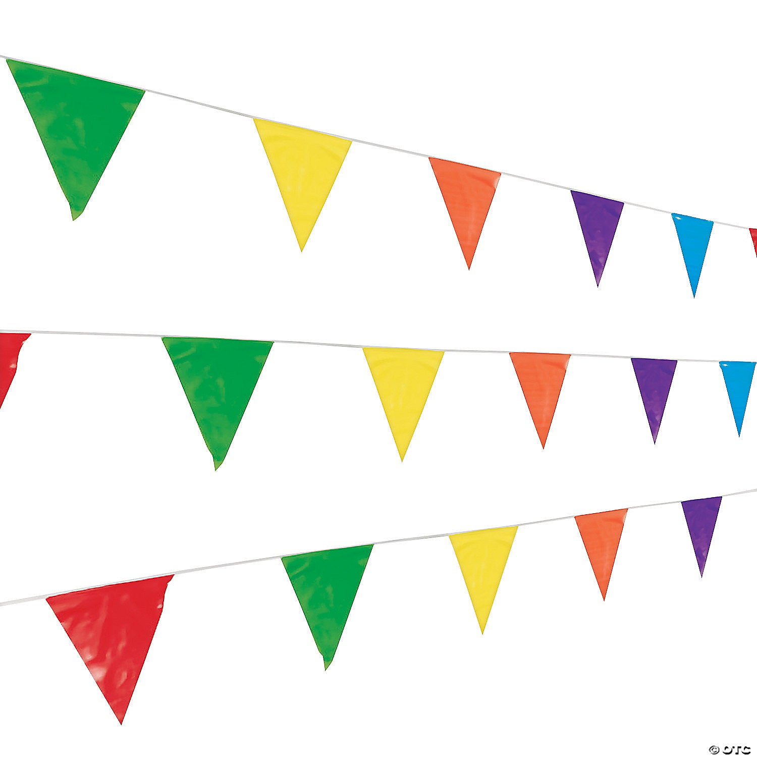 Tira de banderines triangulares multicolor con guía de rafia blanca, ideal para decoración de eventos, fiestas, exposiciones y más, apto para exteriores.