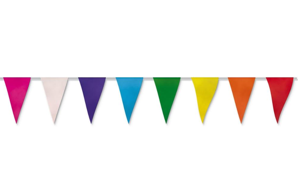Tira de banderines triangulares multicolor con guía de rafia blanca, ideal para decoración de eventos, fiestas, exposiciones y más, apto para exteriores.