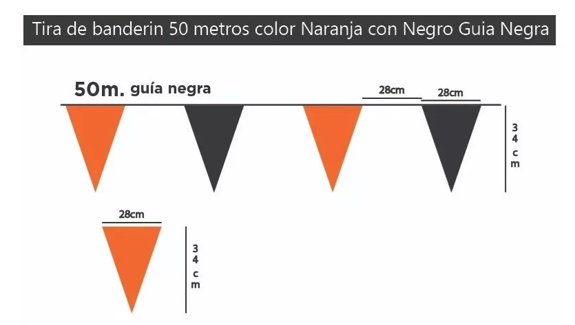 Tira de banderines triangulares intercalados en colores negro y naranja con guía de rafia blanca, ideal para decoración en negocios, fiestas, casas, restaurantes y oficinas, apto para exterior e interior, largo total 50m.