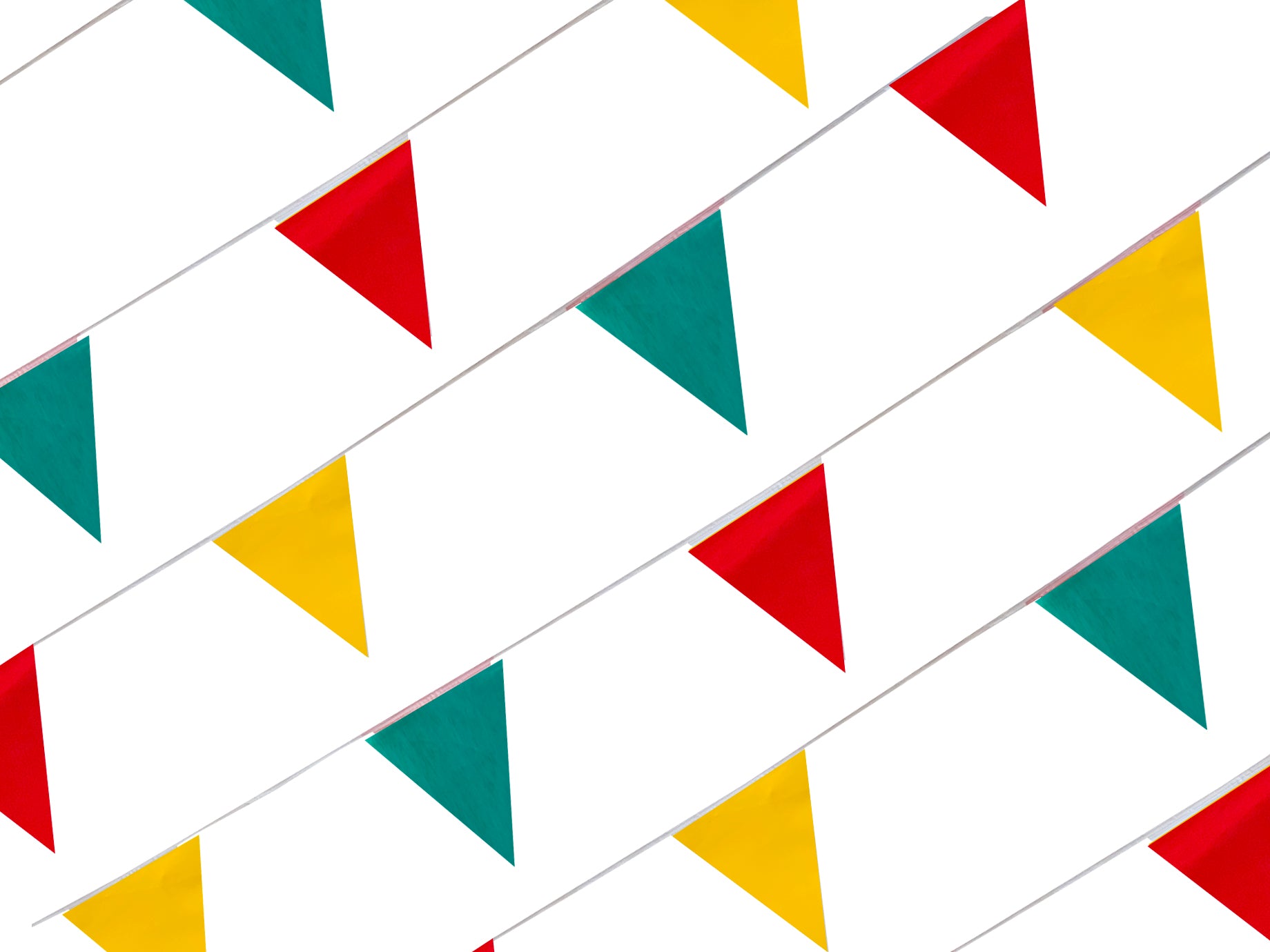 Tira de banderines triangulares colores rojo, amarillo y verde bandera, fabricados en polietileno resistente con guía de rafia blanca. Perfectos para decoración en eventos, fiestas y celebraciones