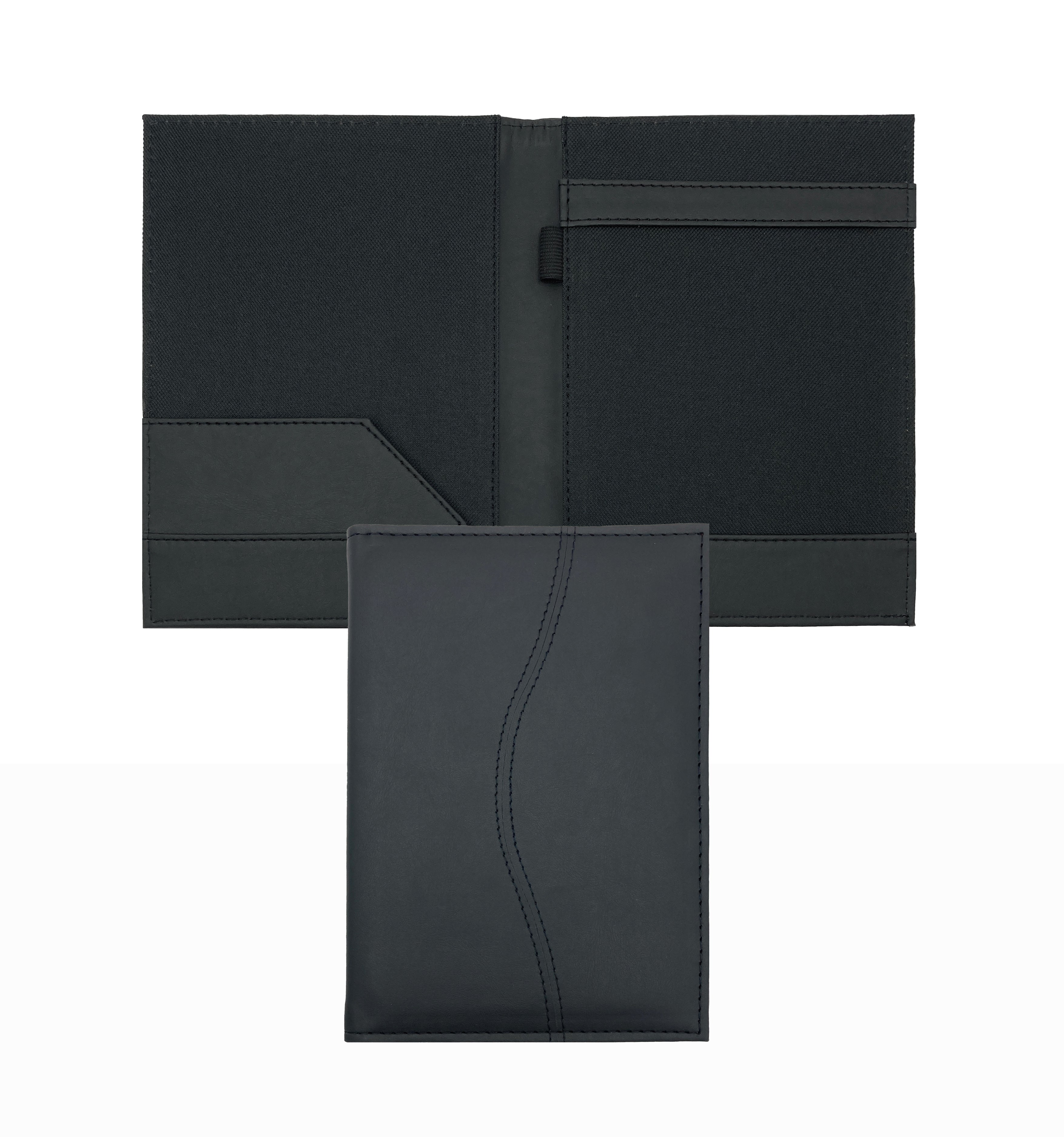 Carpeta porta block tamaño media carta, exterior curpiel con detalle curvo, forro interior en tela poliéster, con solapa para papeles, doble tarjetero, porta pluma y tapa acolchonada. Ideal para grabado en seco, hot stamping, grabado láser y serigrafía. Color negro.
