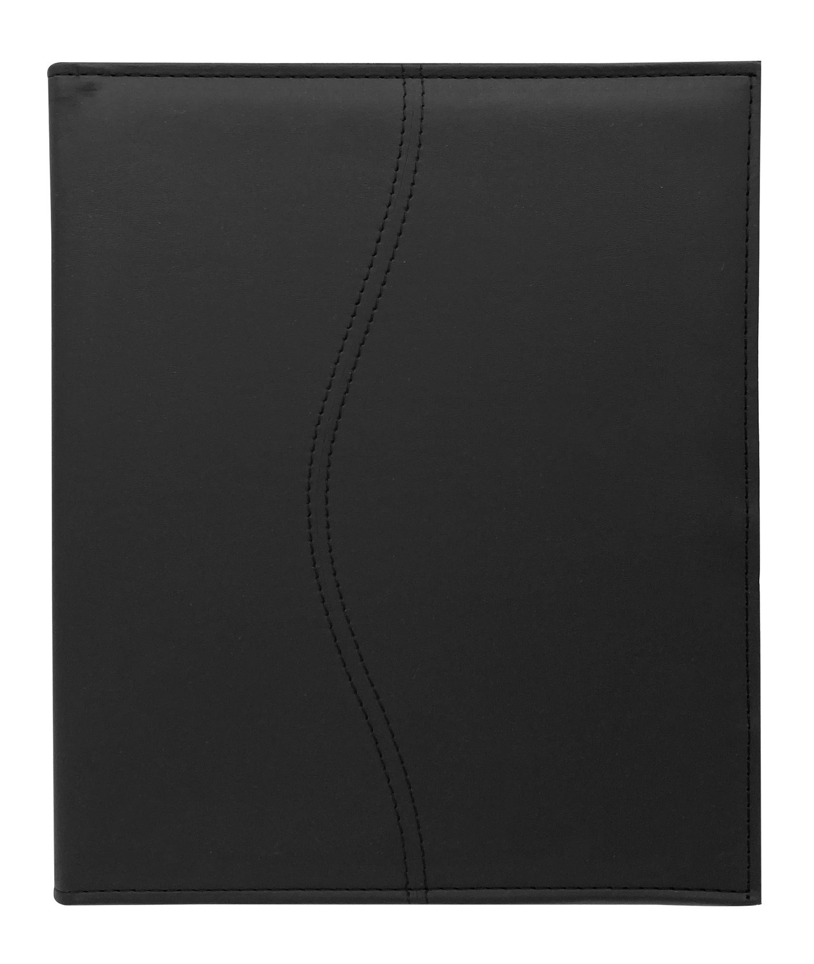 Carpeta Porta Block para hojas tamaño carta, fabricada en curpiel con detalle curvo en portada y forro interior de tela poliéster. Incluye solapa para papeles, doble tarjetero y porta pluma. Acepta hasta 50 hojas tamaño carta. Ideal para eventos corporativos y académicos como congresos, conferencias, talleres, y promociones. Color negro.