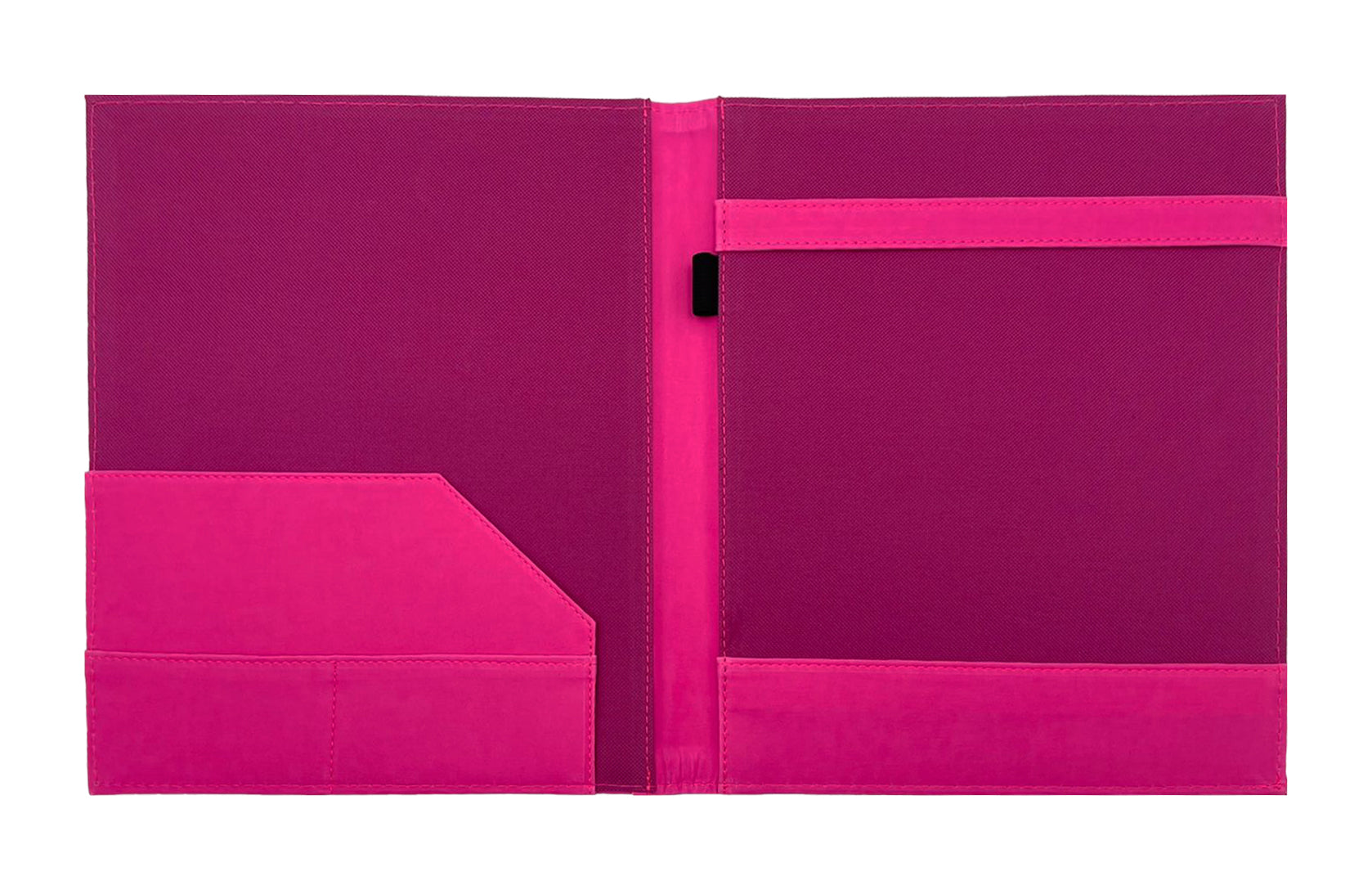 Carpeta Porta Block para hojas tamaño carta, fabricada en curpiel con detalle curvo en portada y forro interior de tela poliéster. Incluye solapa para papeles, doble tarjetero y porta pluma. Acepta hasta 50 hojas tamaño carta. Ideal para eventos corporativos y académicos como congresos, conferencias, talleres, y promociones. Color fucsia.