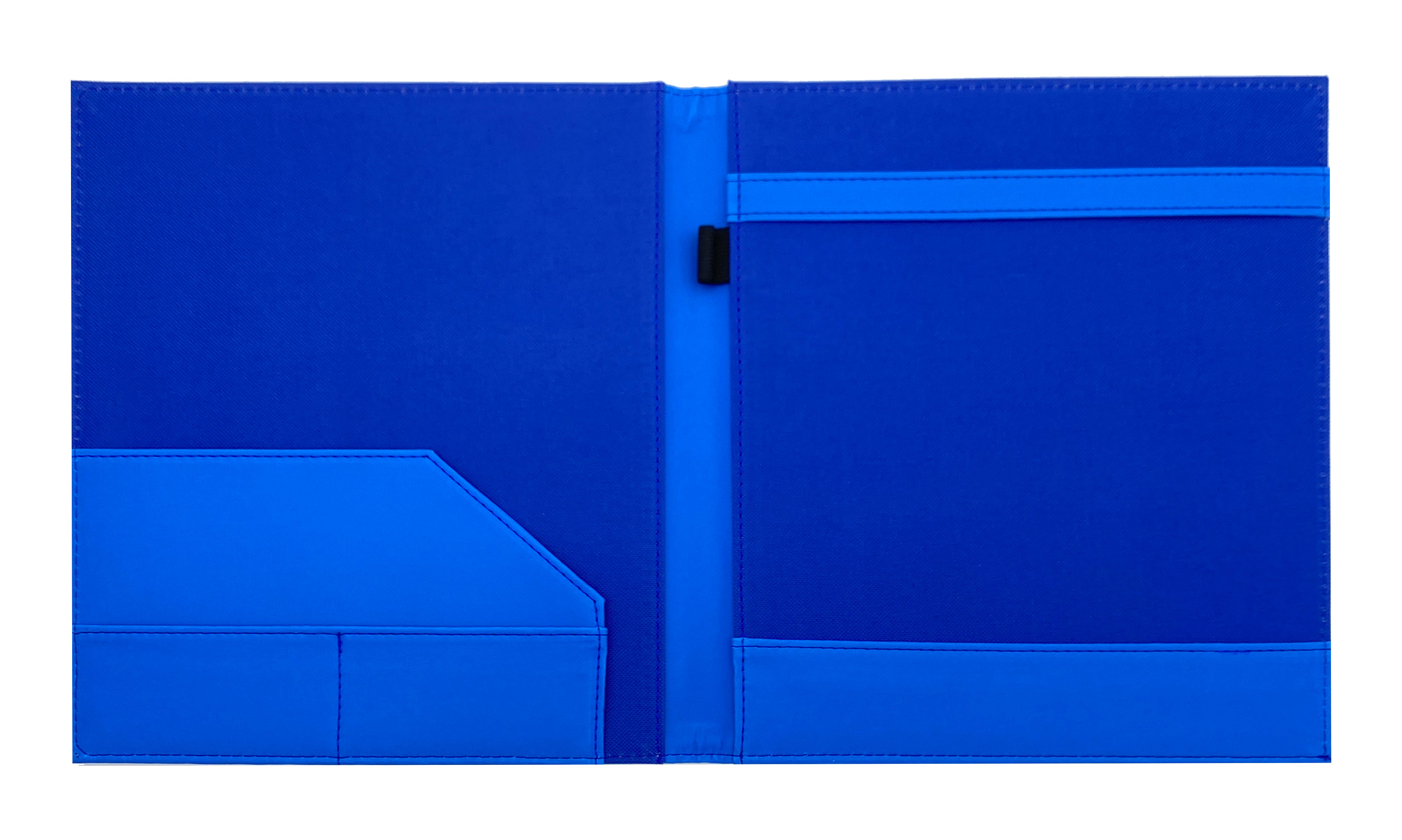 Carpeta Porta Block para hojas tamaño carta, fabricada en curpiel con detalle curvo en portada y forro interior de tela poliéster. Incluye solapa para papeles, doble tarjetero y porta pluma. Acepta hasta 50 hojas tamaño carta. Ideal para eventos corporativos y académicos como congresos, conferencias, talleres, y promociones. Color azul rey.