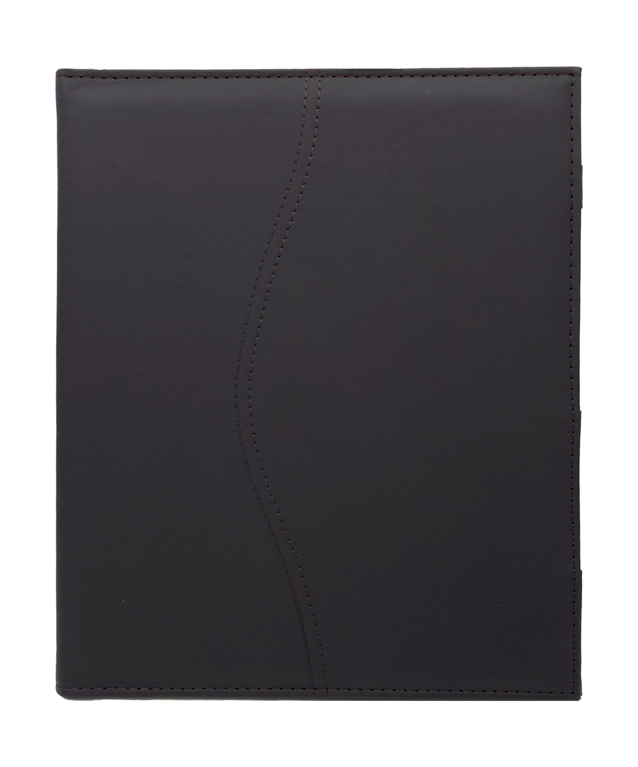 Carpeta Porta Block para hojas tamaño carta, fabricada en curpiel con detalle curvo en portada y forro interior de tela poliéster. Incluye solapa para papeles, doble tarjetero y porta pluma. Acepta hasta 50 hojas tamaño carta. Ideal para eventos corporativos y académicos como congresos, conferencias, talleres, y promociones. Color café.