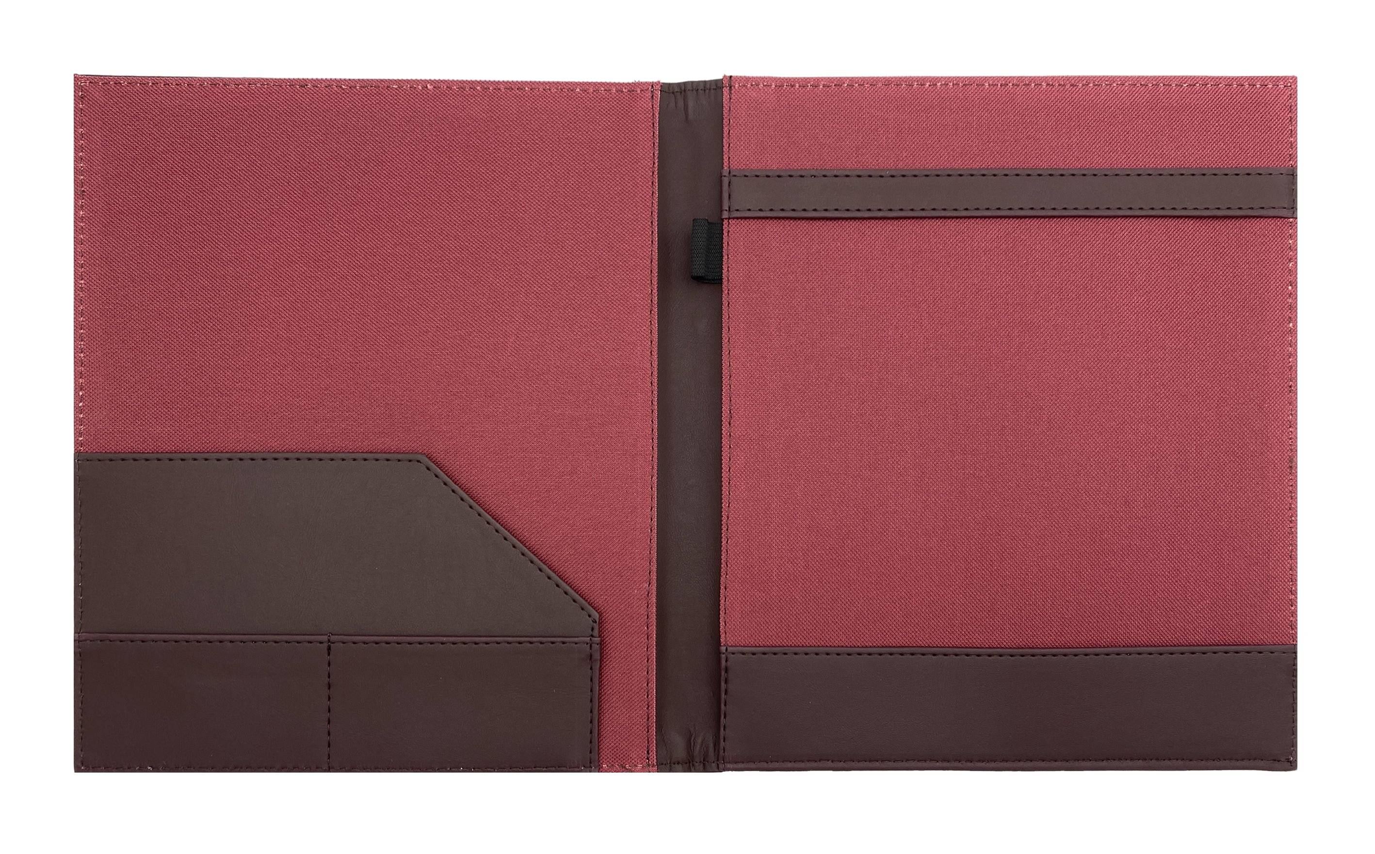 Carpeta Porta Block para hojas tamaño carta, fabricada en curpiel con detalle curvo en portada y forro interior de tela poliéster. Incluye solapa para papeles, doble tarjetero y porta pluma. Acepta hasta 50 hojas tamaño carta. Ideal para eventos corporativos y académicos como congresos, conferencias, talleres, y promociones. Color vino.