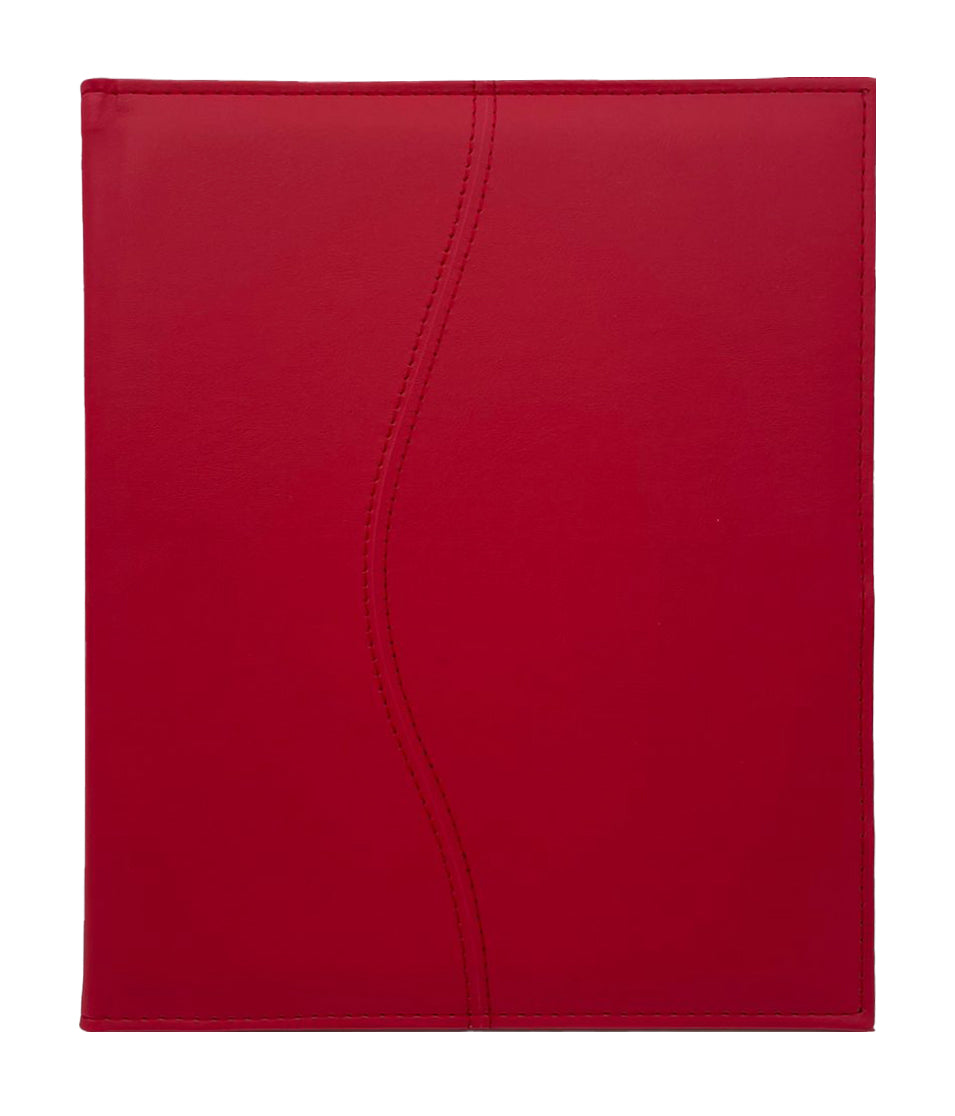 Carpeta Porta Block para hojas tamaño carta, fabricada en curpiel con detalle curvo en portada y forro interior de tela poliéster. Incluye solapa para papeles, doble tarjetero y porta pluma. Acepta hasta 50 hojas tamaño carta. Ideal para eventos corporativos y académicos como congresos, conferencias, talleres, y promociones. Color rojo.