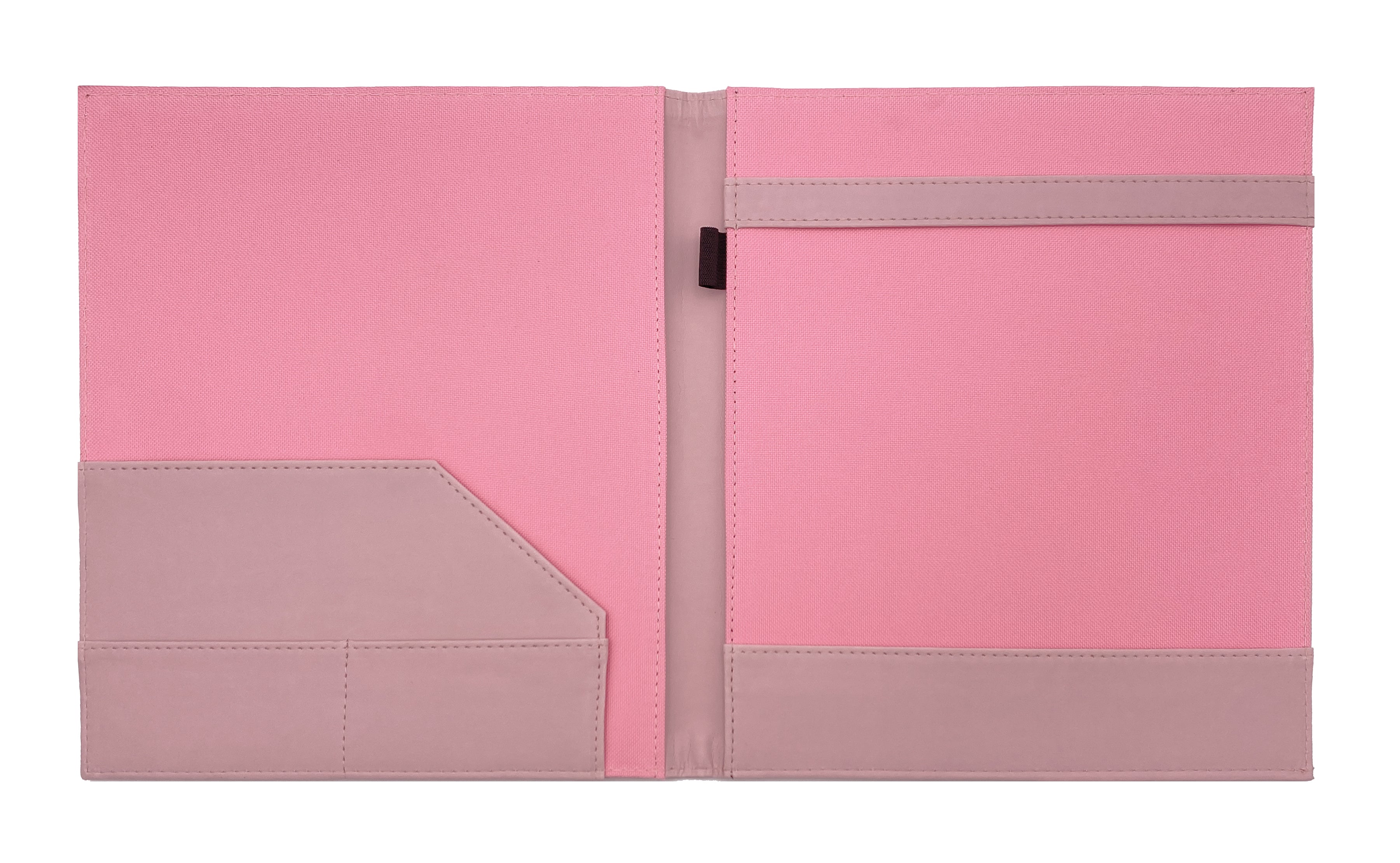 Carpeta Porta Block para hojas tamaño carta, fabricada en curpiel con detalle curvo en portada y forro interior de tela poliéster. Incluye solapa para papeles, doble tarjetero y porta pluma. Acepta hasta 50 hojas tamaño carta. Ideal para eventos corporativos y académicos como congresos, conferencias, talleres, y promociones. Color rosa.