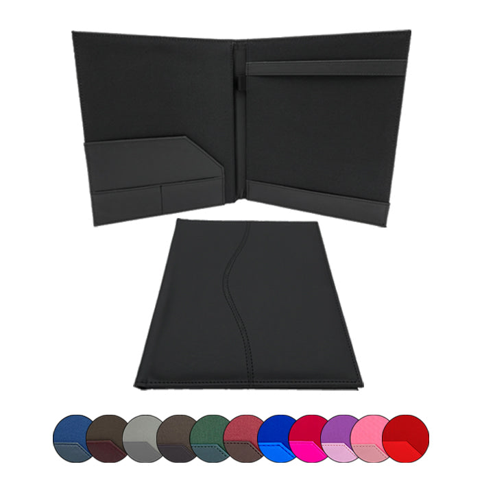 Carpeta Porta Block para hojas tamaño carta, fabricada en curpiel con detalle curvo en portada y forro interior de tela poliéster. Incluye solapa para papeles, doble tarjetero y porta pluma. Acepta hasta 50 hojas tamaño carta. Ideal para eventos corporativos y académicos como congresos, conferencias, talleres, y promociones. Colores varios.