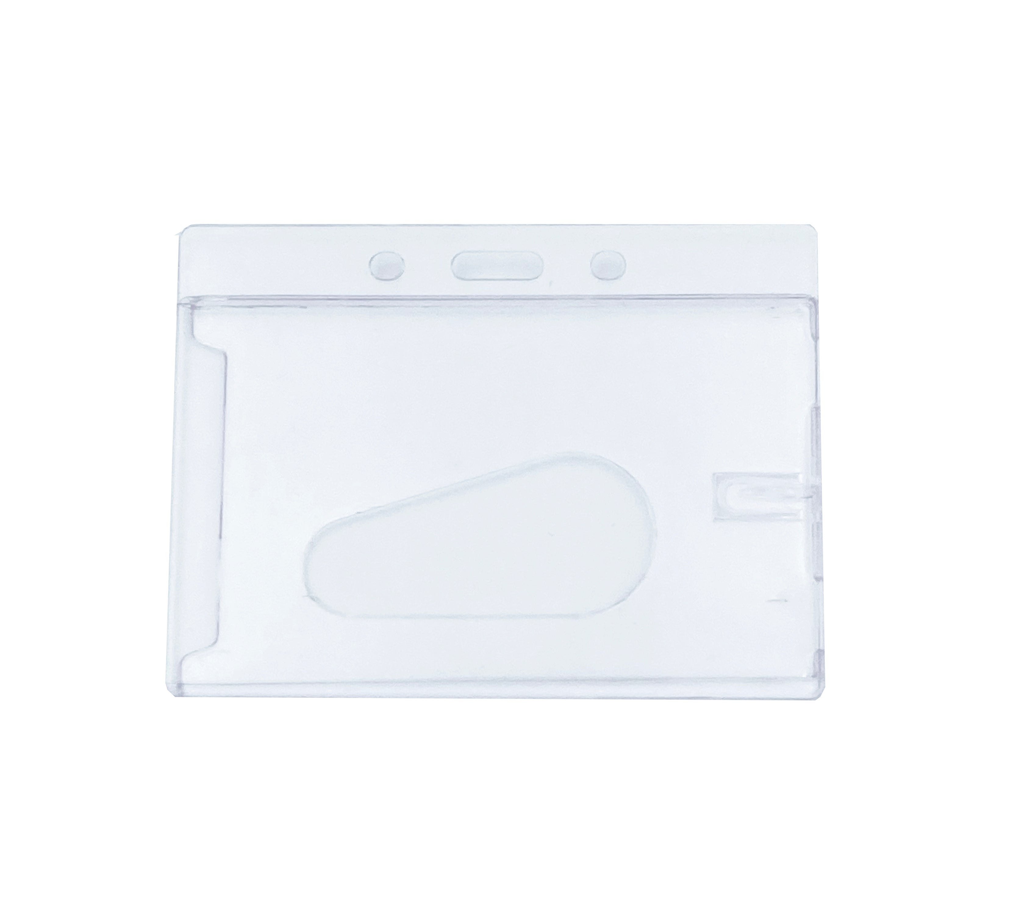 Paquete de 100 piezas de porta gafetes en plástico duro y duradero en plástico rígido, con medida 8.5 x 5.5 cm, disposición horizontal, con orificios para gancho, yoyo, cordón o caimán, ideal para credencial de identificación estándar.