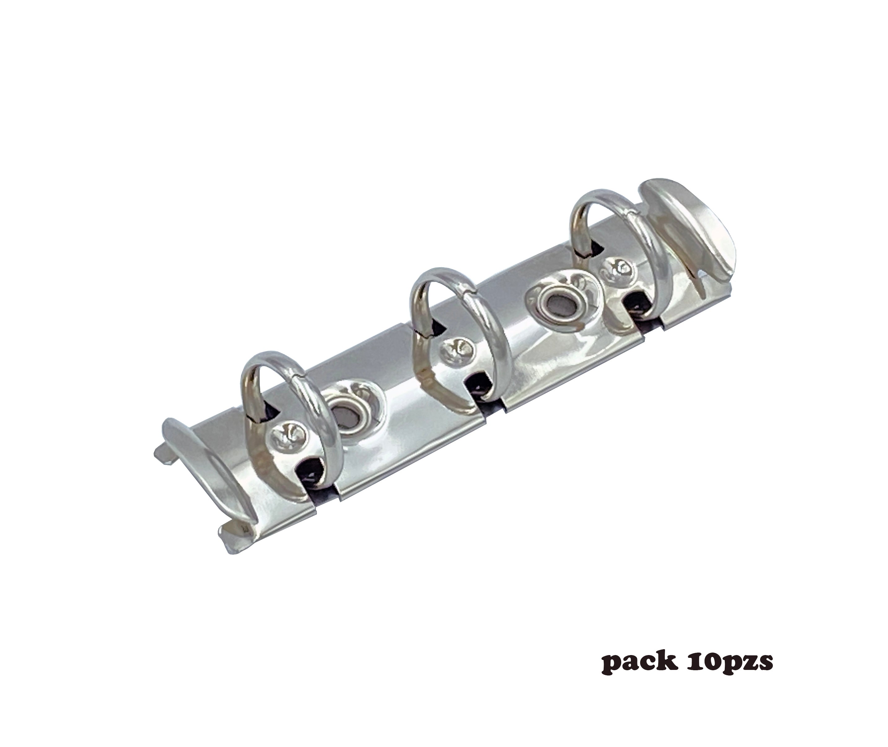 Pack de 10 mecanismos de 9 cm con tres argollas circulares de 1/2 pulgada y palancas pequeñas. Base de 15 mm, acabado níquel, capacidad para 110 hojas. Perfecto para carpetas, agendas y encuadernación profesional.