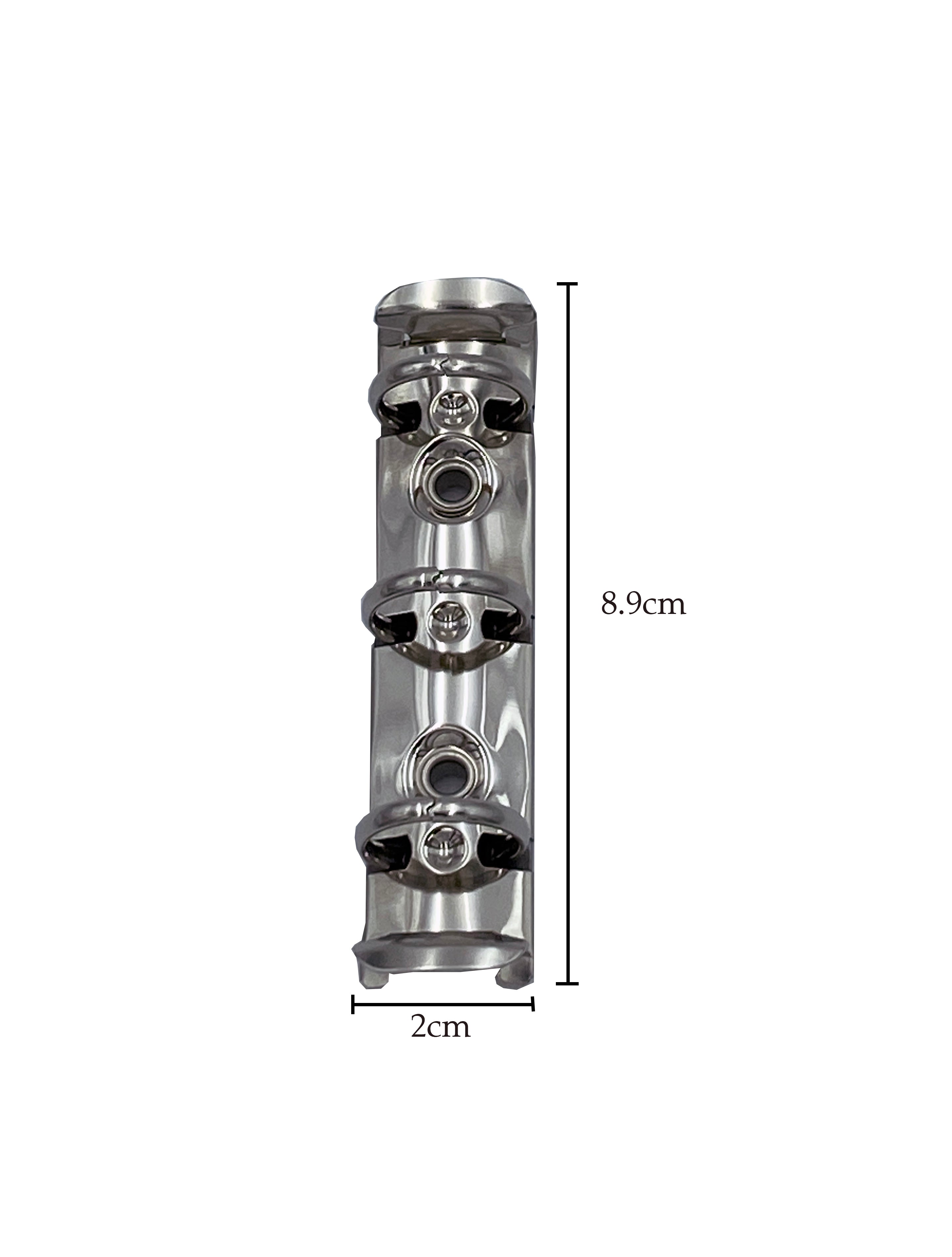 Pack de 10 mecanismos de 9 cm con tres argollas circulares de 1/2 pulgada y palancas pequeñas. Base de 15 mm, acabado níquel, capacidad para 110 hojas. Perfecto para carpetas, agendas y encuadernación profesional.