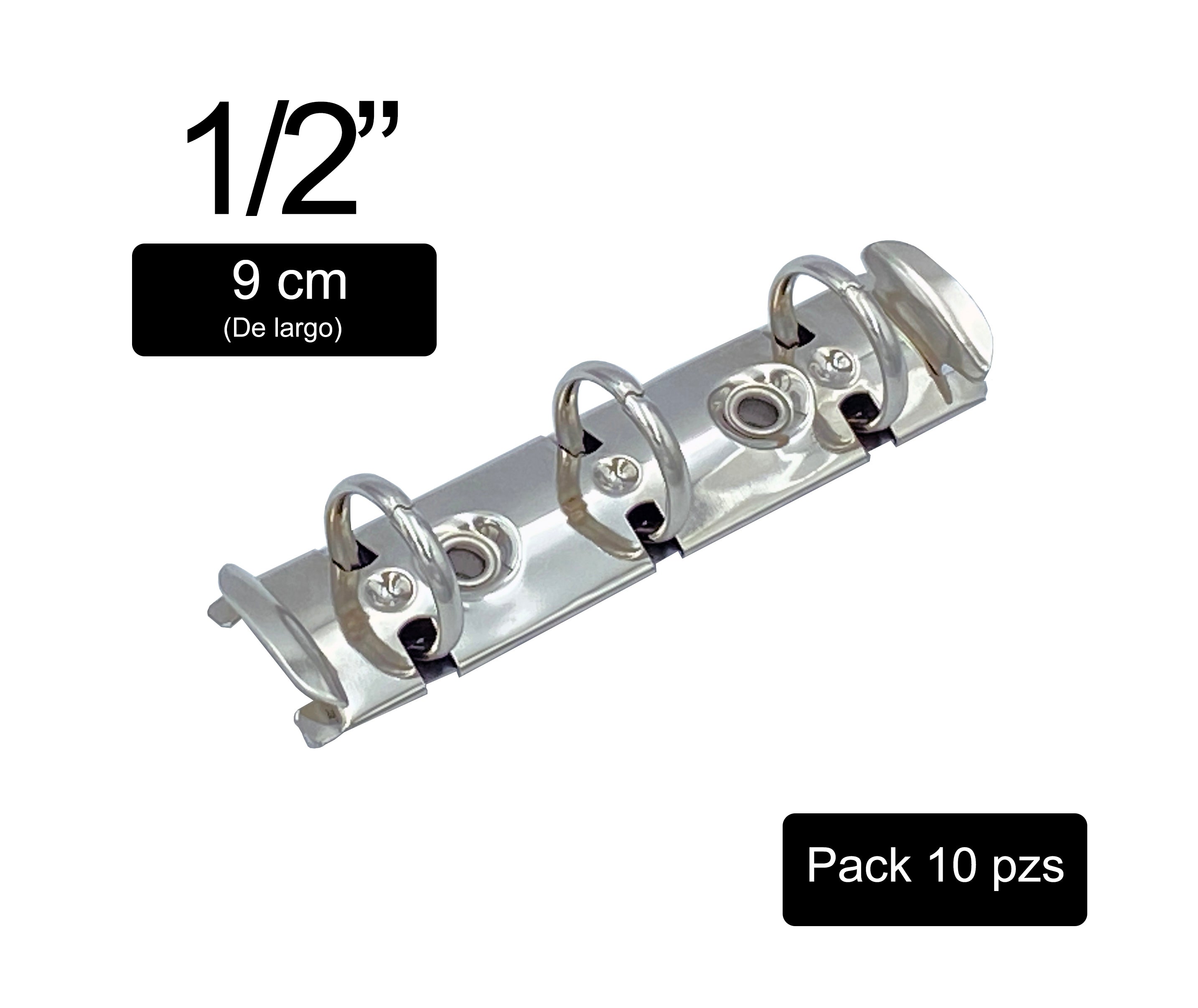 Pack de 10 mecanismos de 9 cm con tres argollas circulares de 1/2 pulgada y palancas pequeñas. Base de 15 mm, acabado níquel, capacidad para 110 hojas. Perfecto para carpetas, agendas y encuadernación profesional.
