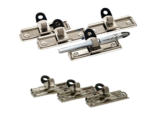 Clip  de presión sujeta documentos de alambre con ojillo para colgar, color negro y naranja, acabado niquelado, con gancho extraíble