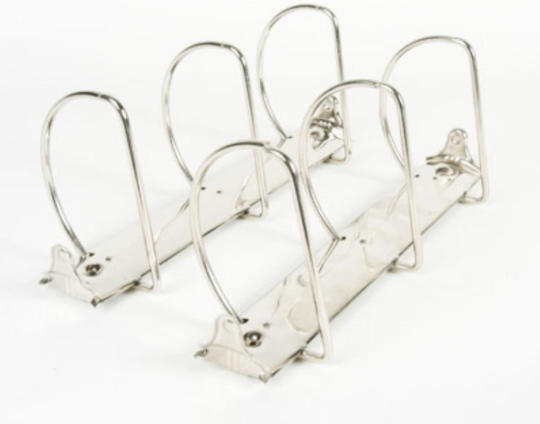 Pack de 10 piezas de mecanismos metálicos con 3 argollas en forma 'D' de 4 pulgadas. Largo de 29 cm, acabado níquel, capacidad para 200 hojas. Ideal para agendas, organizadores y encuadernación profesional.
