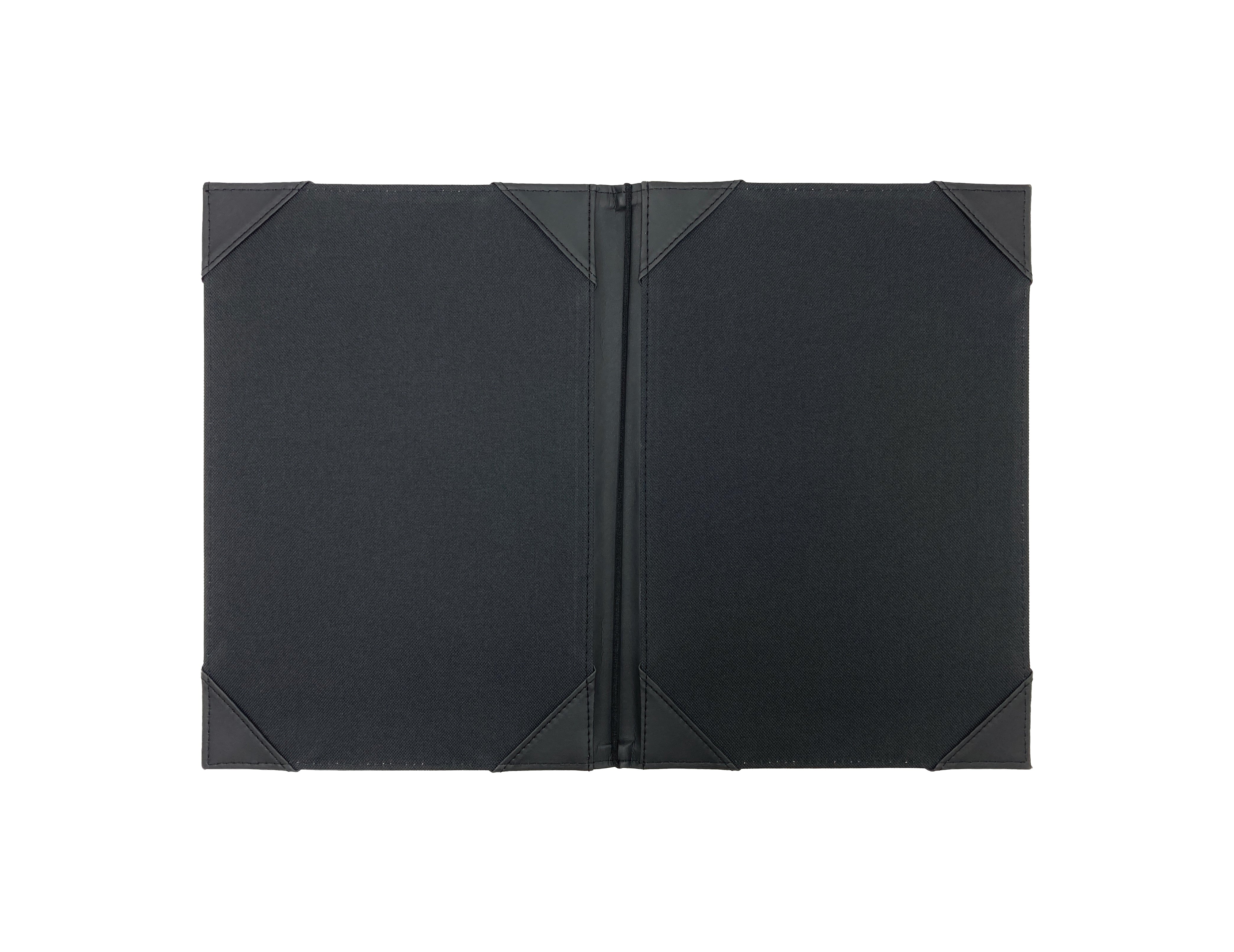 Porta Menú Oficio en curpiel con interior de tela poliéster, ideal para restaurantes, cafeterías, hoteles y bares. Tamaño adecuado para hojas oficio, con diseño acolchonado y resorte central. color negro. Personalización posible con grabado en seco, hot stamping, grabado láser y serigrafía.