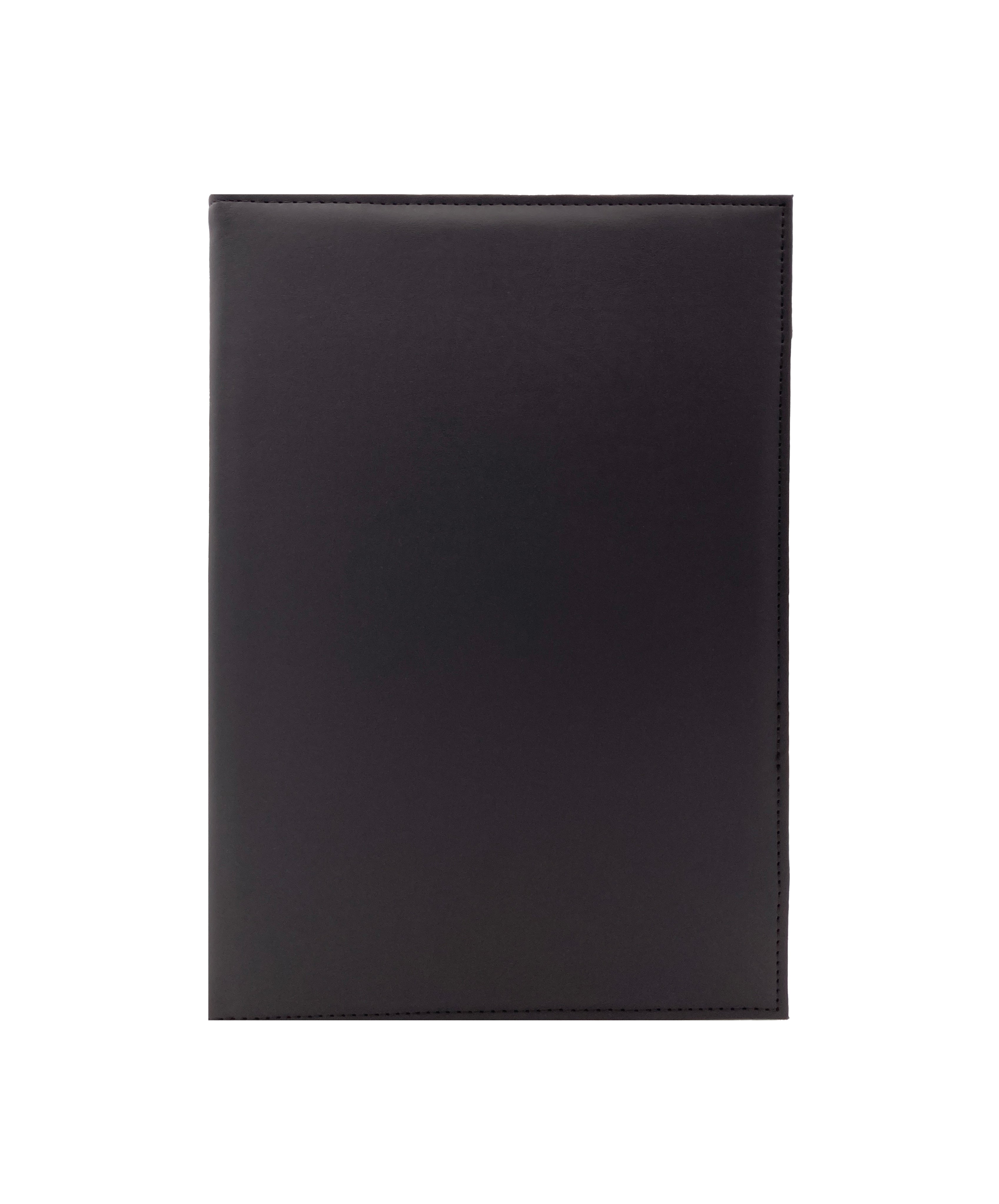 Porta Menú Oficio en curpiel con interior de tela poliéster, ideal para restaurantes, cafeterías, hoteles y bares. Tamaño adecuado para hojas oficio, con diseño acolchonado y resorte central. color café. Personalización posible con grabado en seco, hot stamping, grabado láser y serigrafía.
