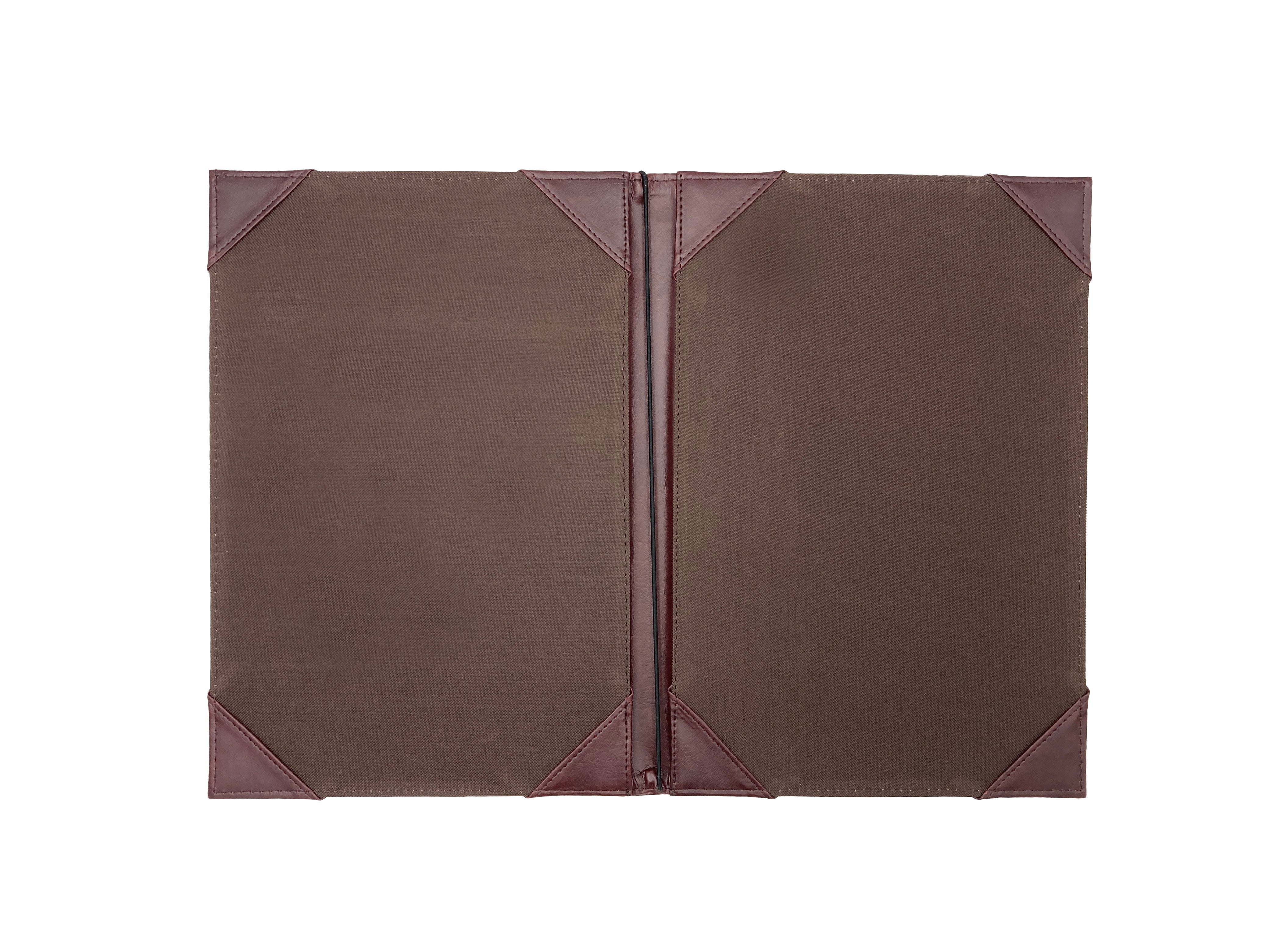 Porta Menú Oficio en curpiel con interior de tela poliéster, ideal para restaurantes, cafeterías, hoteles y bares. Tamaño adecuado para hojas oficio, con diseño acolchonado y resorte central. color miel. Personalización posible con grabado en seco, hot stamping, grabado láser y serigrafía.