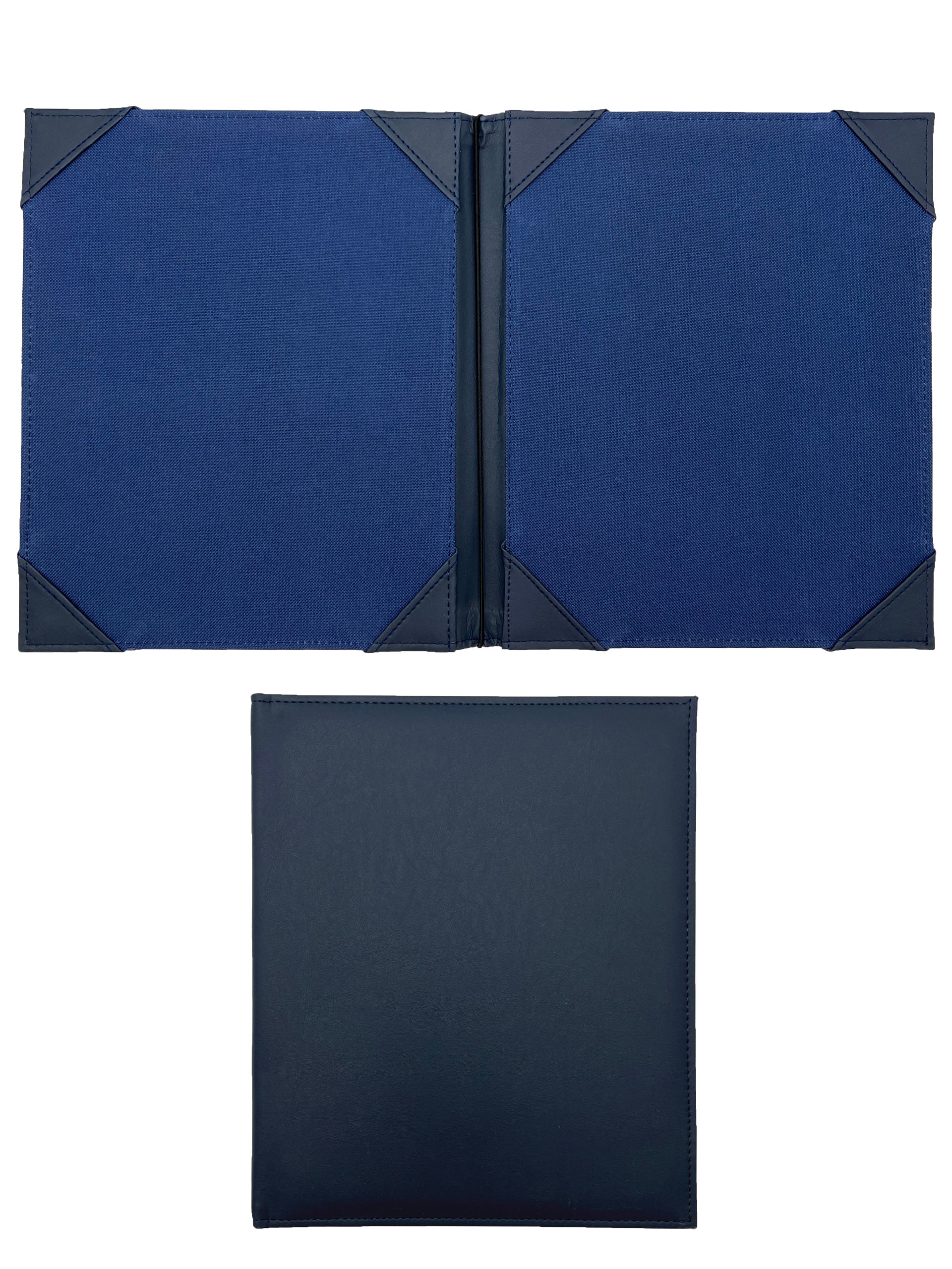 Porta Menú Carta en curpiel con interior de tela poliéster, ideal para restaurantes, cafeterías, hoteles y bares. Tamaño adecuado para hojas carta, con diseño acolchonado y resorte central. color azul. Personalización posible con grabado en seco, hot stamping, grabado láser y serigrafía.