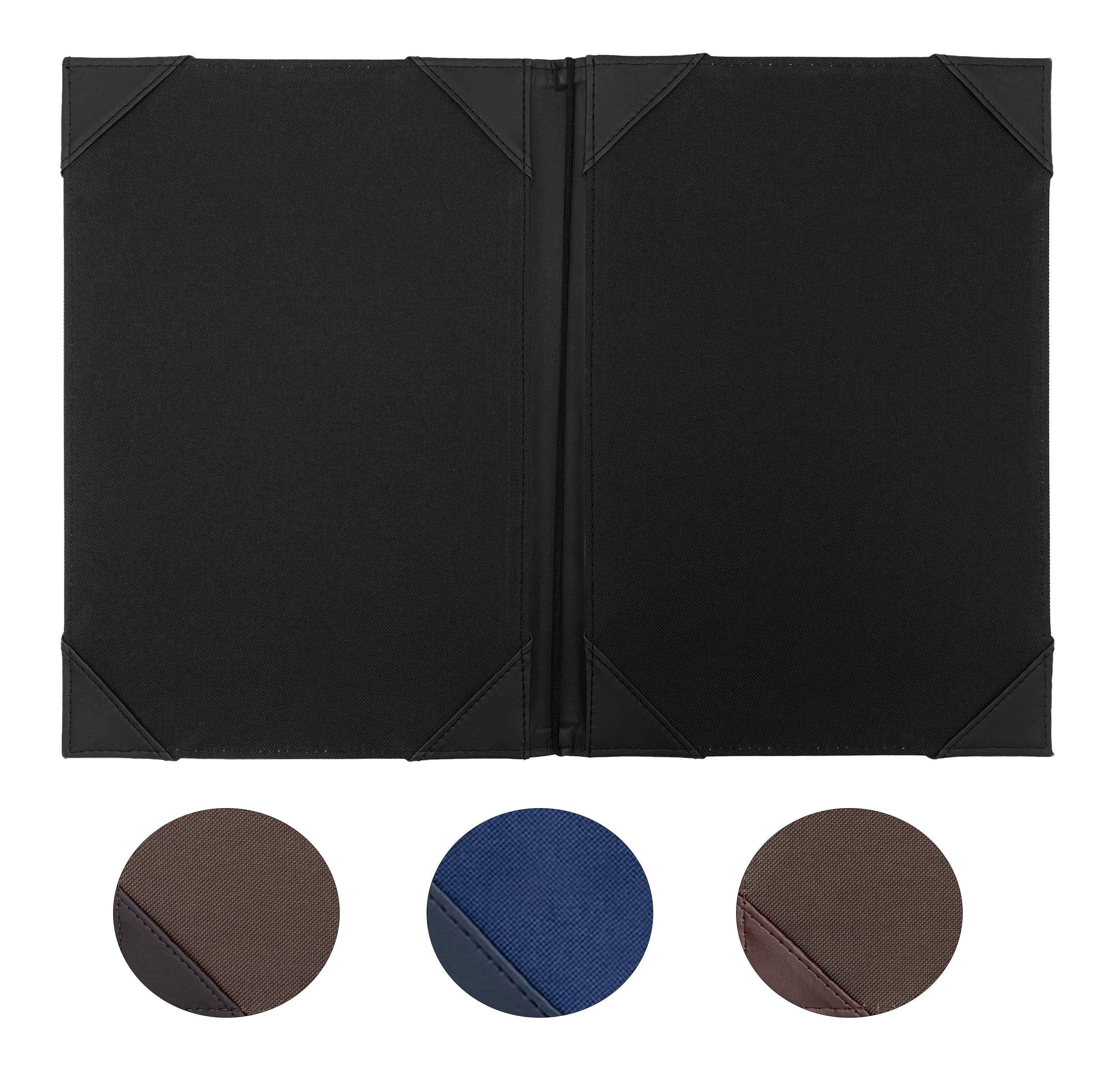 Porta Menú Oficio en curpiel con interior de tela poliéster, ideal para restaurantes, cafeterías, hoteles y bares. Tamaño adecuado para hojas oficio, con diseño acolchonado y resorte central. colores varios. Personalización posible con grabado en seco, hot stamping, grabado láser y serigrafía.