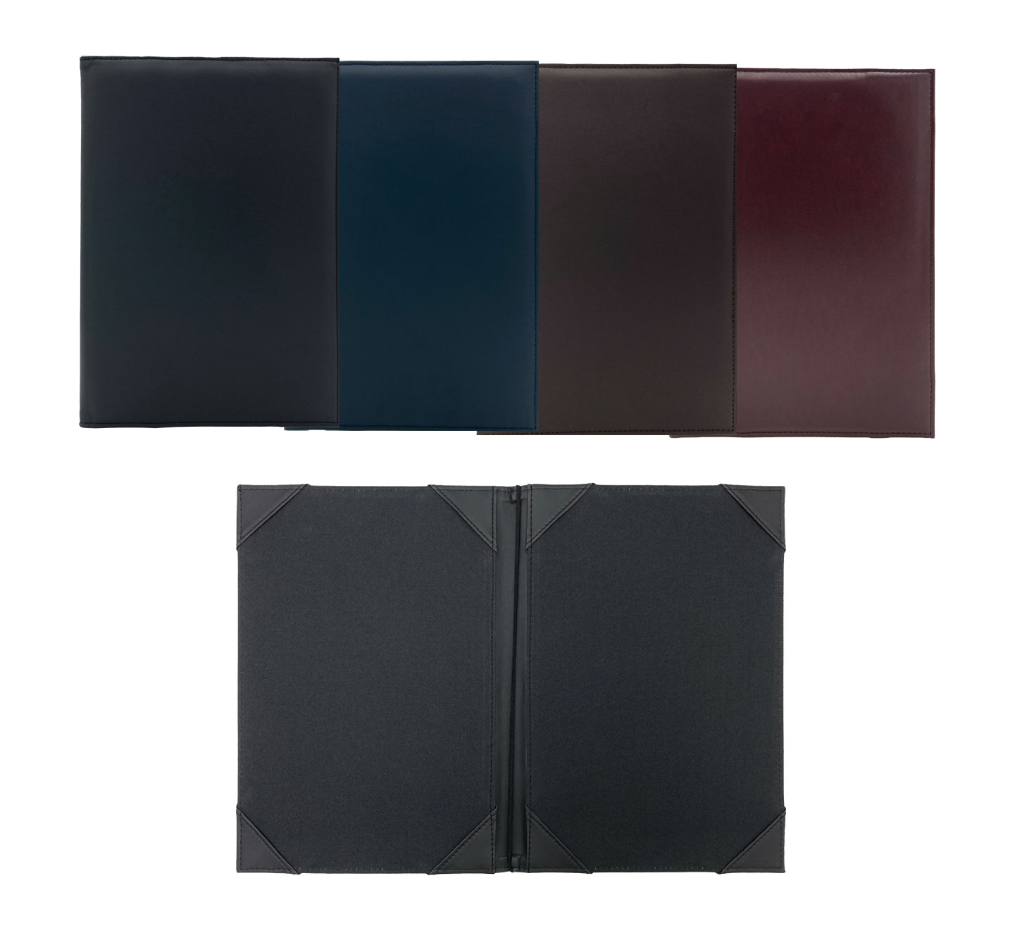 Porta Menú Oficio en curpiel con interior de tela poliéster, ideal para restaurantes, cafeterías, hoteles y bares. Tamaño adecuado para hojas oficio, con diseño acolchonado y resorte central. colores varios. Personalización posible con grabado en seco, hot stamping, grabado láser y serigrafía.