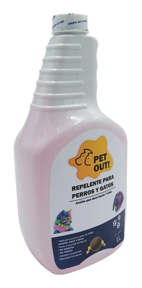 Repelente natural para evitar marcaje de perros y gatos, con atomizador ajustable y envase de 1 litro, ideal para entrenamiento y protección de áreas interiores y exteriores.
