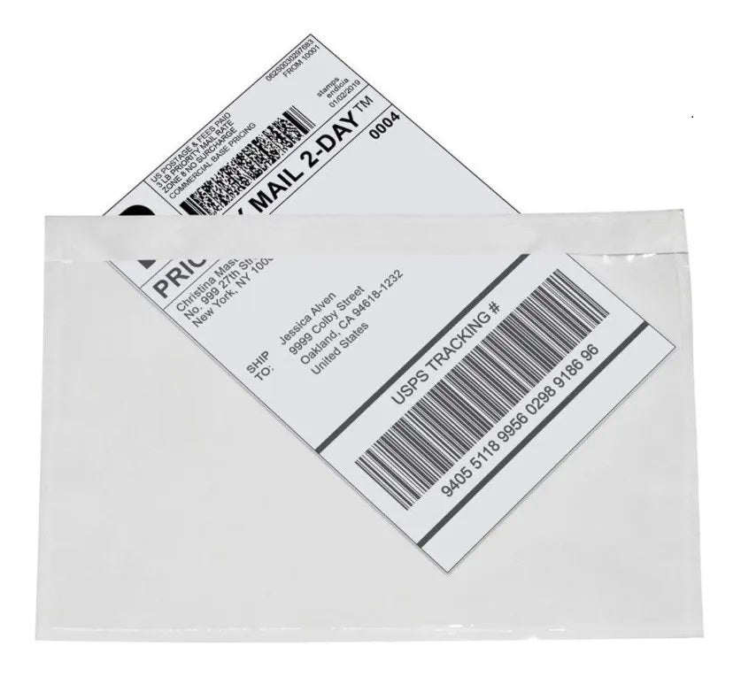 Sobres transparentes adhesivos de polietileno, medida interior 17x13 cm, ideales para documentos ¼ de carta, resistentes al polvo y humedad, con adhesivo sensible a la presión para fácil adherencia.