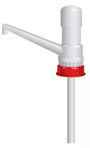 Válvula manual industrial para garrafa, bidón o porrón con tapa de 61mm, dosificación de 50 ml por bombeo, material plástico resistente a químicos, incluye tubo de 46 cm para líquidos y productos viscosos.