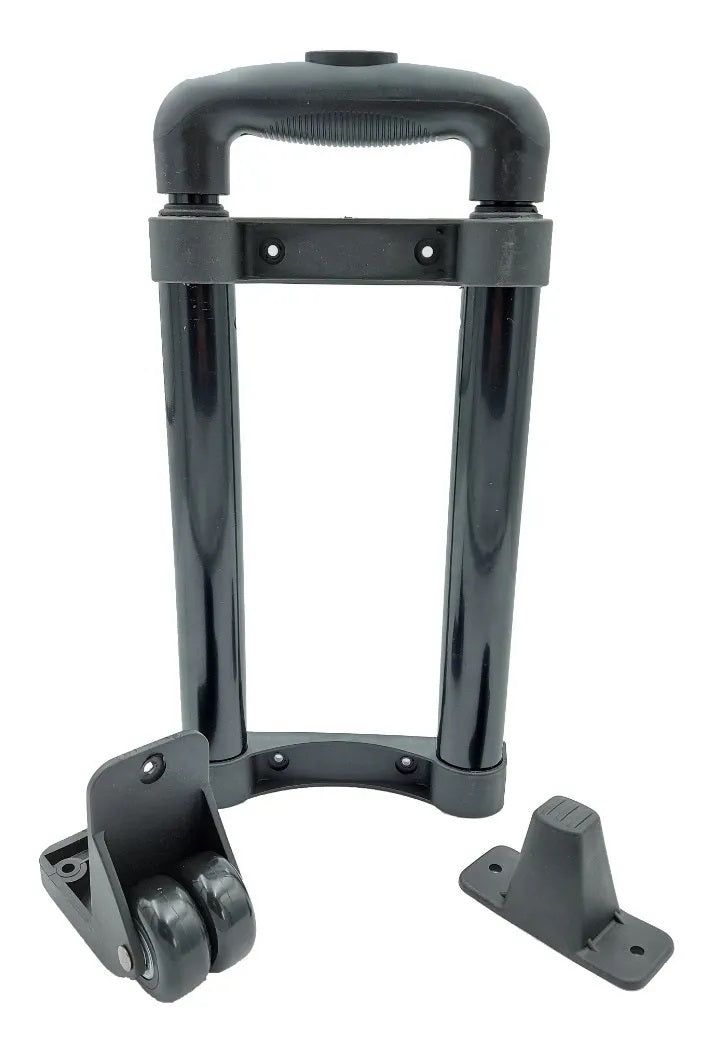 Bastón retráctil de tres tramos con llantas de poliuretano y manija telescópica ajustable de fácil instalacion, ideal para portafolios, maletas y artículos móviles.