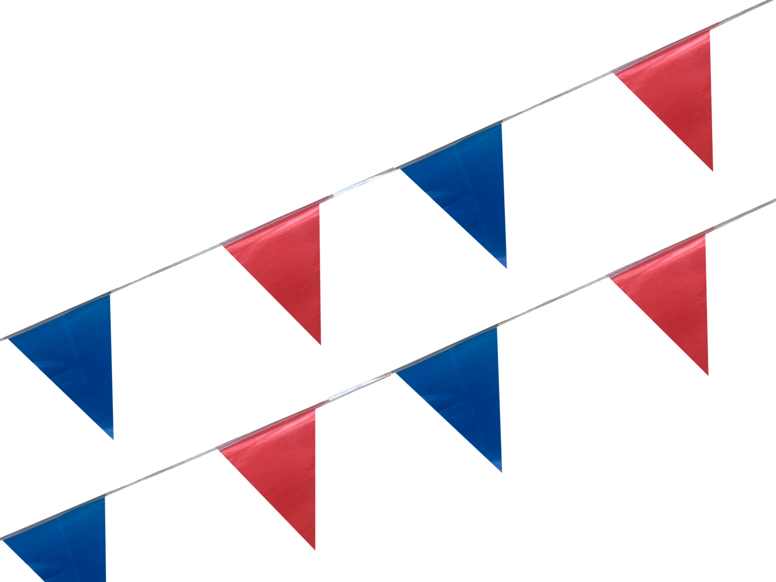 Tira de banderines triangulares intercalados azul rey y rojo con guía de rafia blanca, ideal para decoración de eventos, fiestas, tiendas, exposiciones y más, apto para exteriores