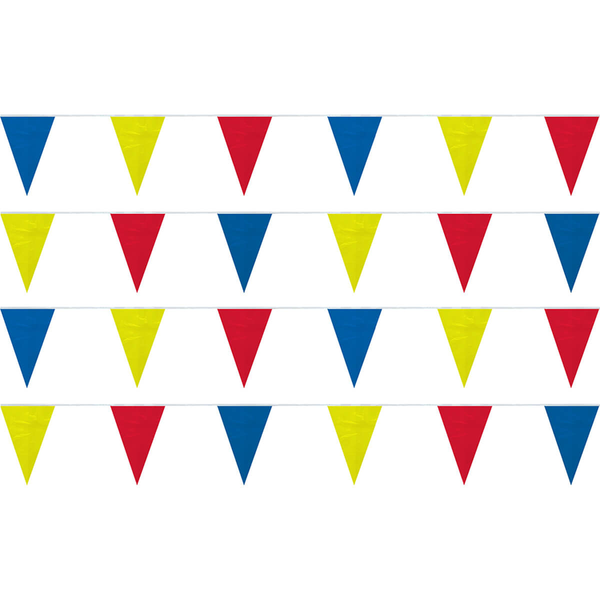 Tira de banderines triangulares intercalados en colores amarillo, azul rey y rojo con guía de rafia blanca, ideal para celebración de eventos con los colores representativos de las banderas de Colombia, Ecuador, Venezuela, Rumanía y Cataluña, largo total de 50m con 84 banderines.