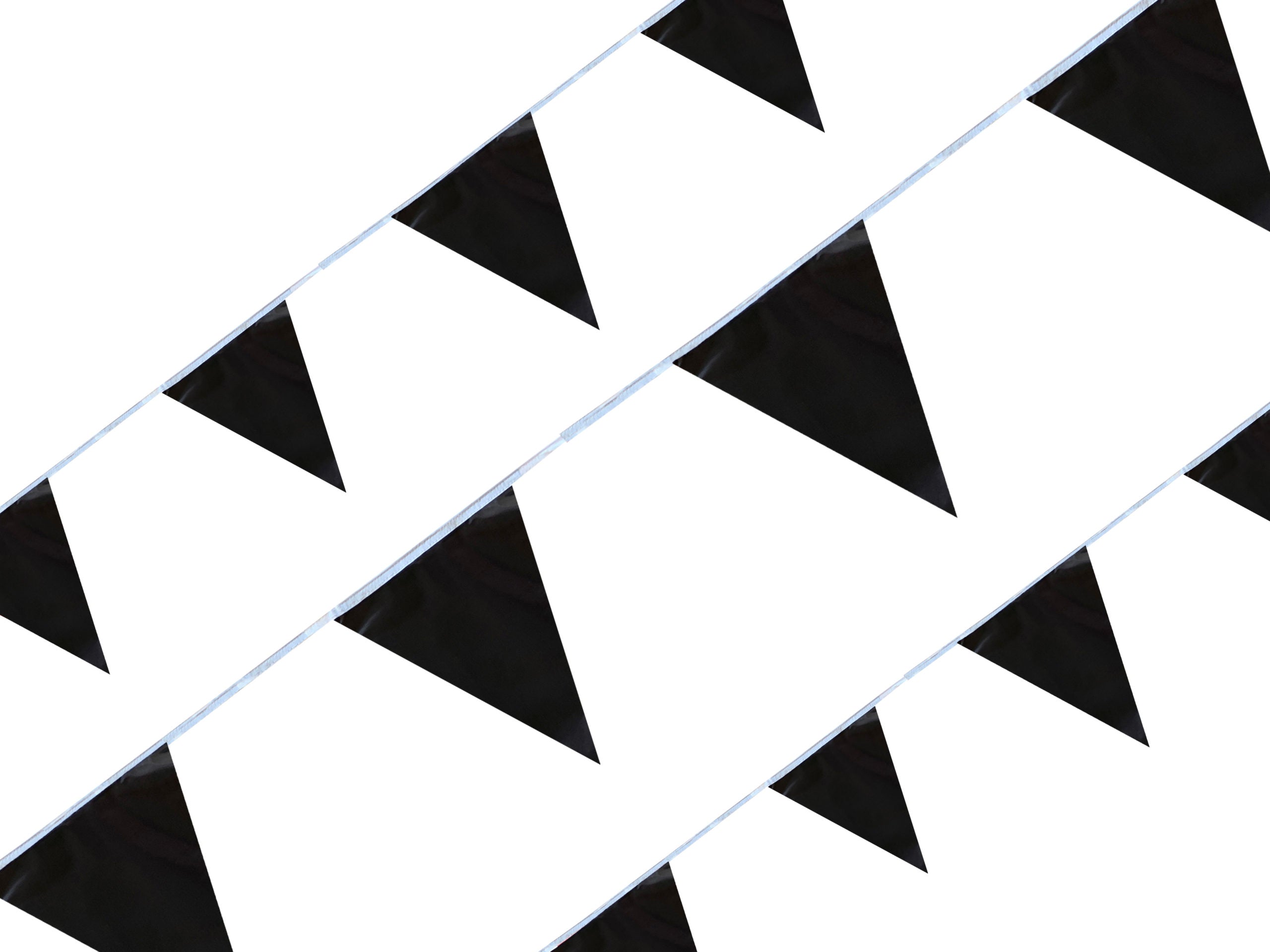 Tira de banderines triangulares color negro con guía de rafia blanca, ideal para decoración de eventos, fiestas temáticas, tiendas, exposiciones y exteriores, largo total 50m con 84 banderines.