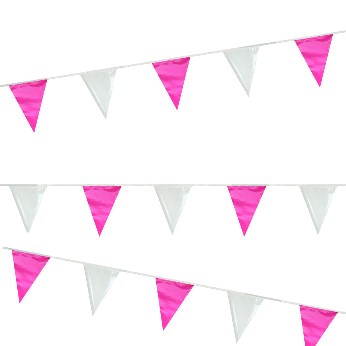 Tira de banderines triangulares en colores rosa mexicano (fucsia) y blanco, con guía de rafia blanca, ideal para decoración de eventos, fiestas y exteriores, largo total de 50m con 84 banderines.