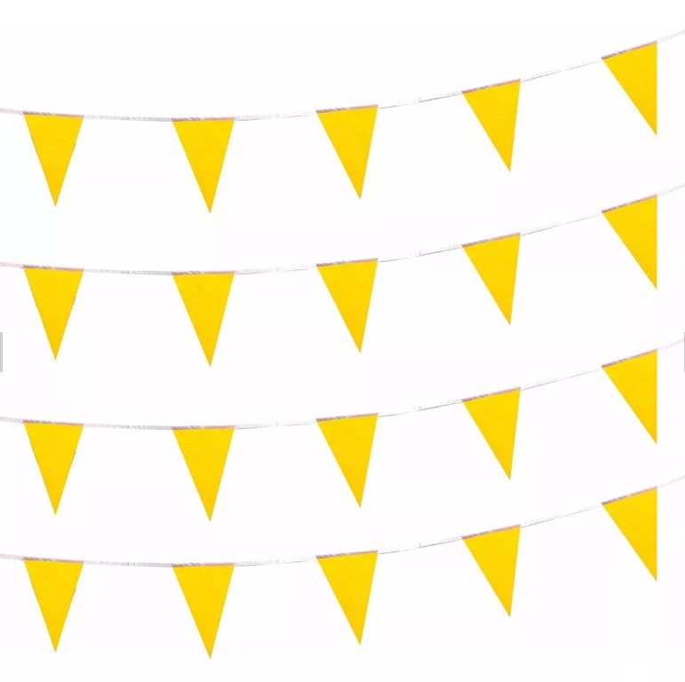 Tira de banderines triangulares de seguridad color amarillo con guía de rafia blanca, ideal para eventos, decoración de fiestas temáticas, lotes en venta, lavado de coches, tiendas y exposiciones, largo total de 50m con 84 banderines.