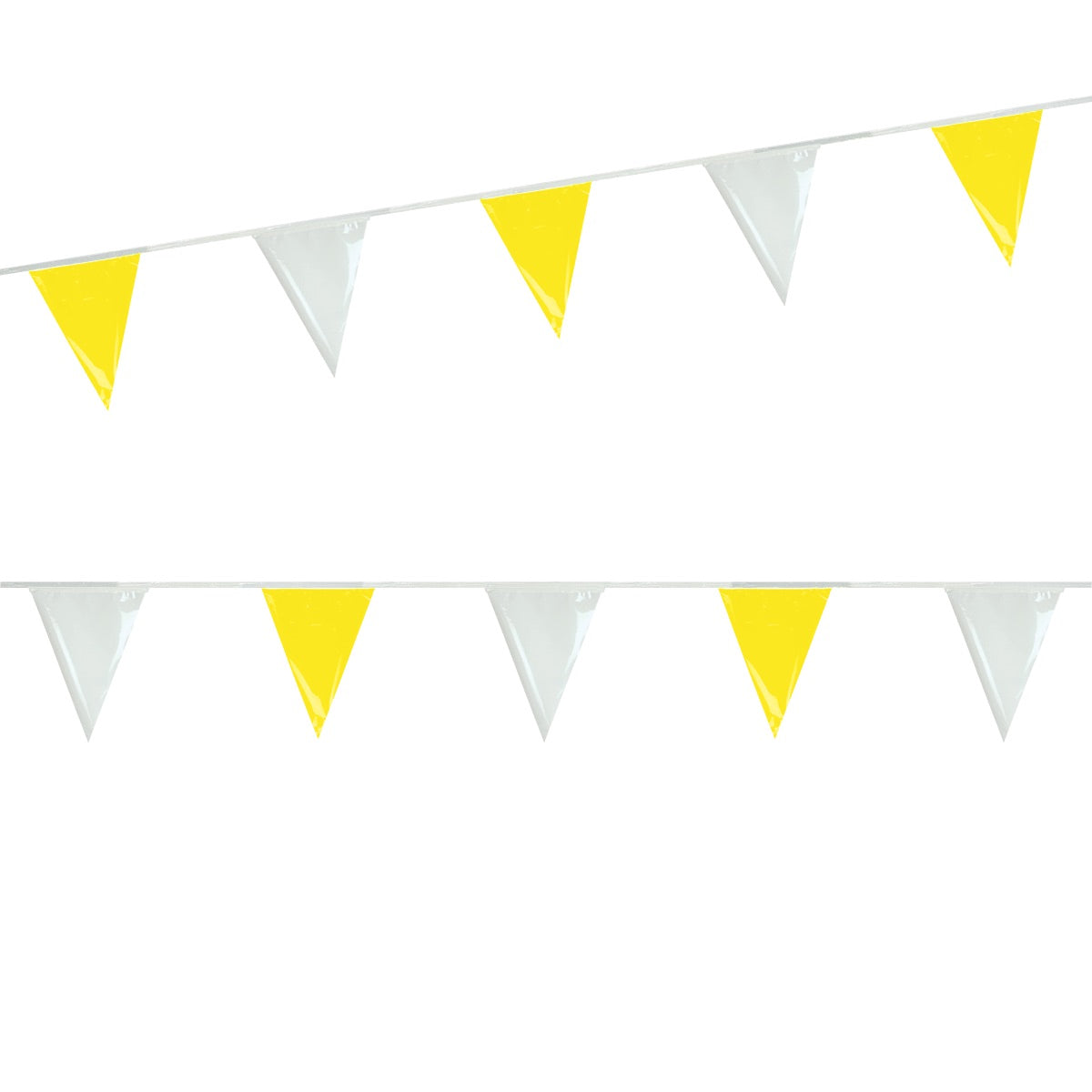 Tira de banderines triangulares intercalados en colores amarillo y blanco con guía de rafia blanca, ideal para decoración de eventos, fiestas temáticas, lotes en venta, lavado de coches, tiendas y exposiciones, largo total de 50m con 84 banderines.